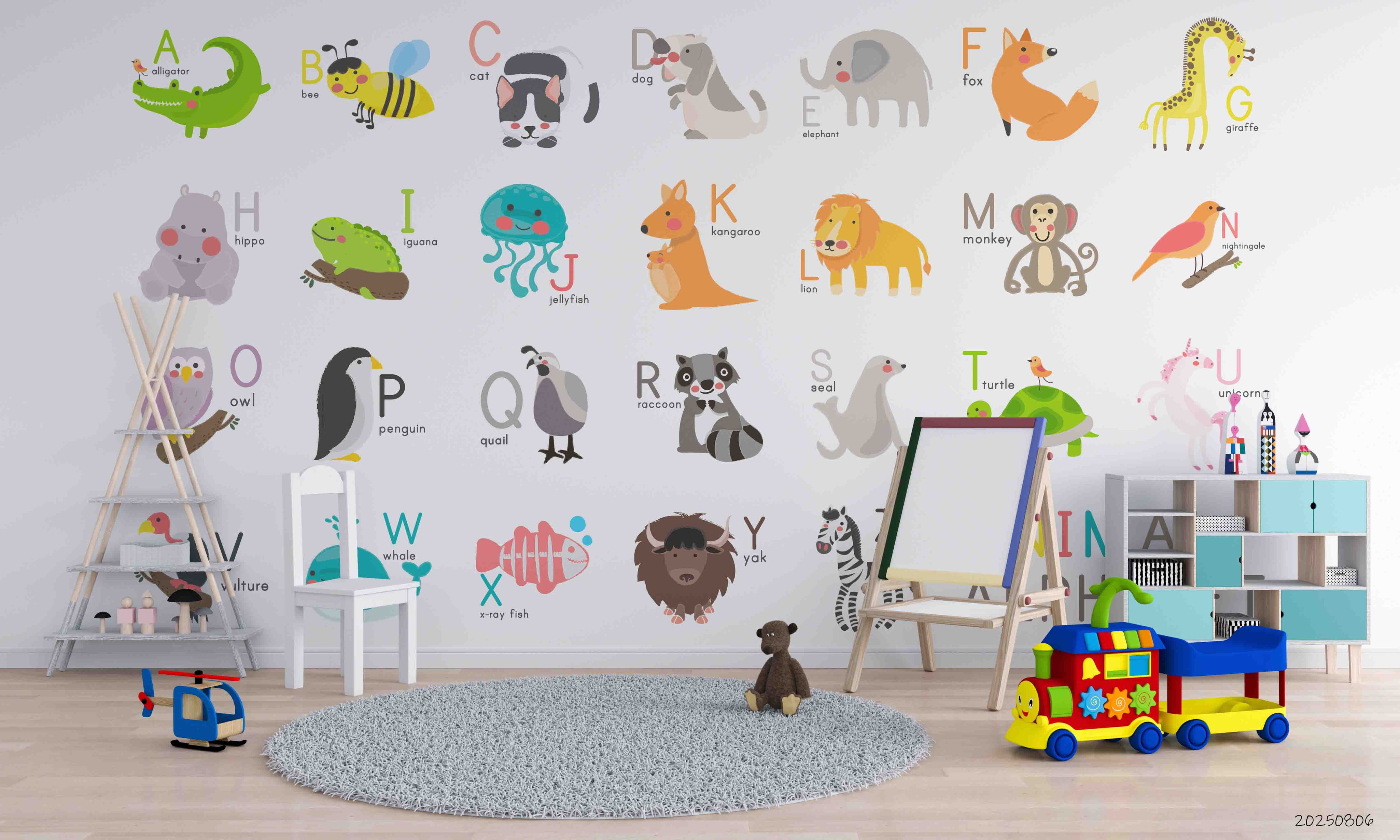 3D Childcare Nursery School Cartoon Letters Animals Wall Mural Wallpaper JN