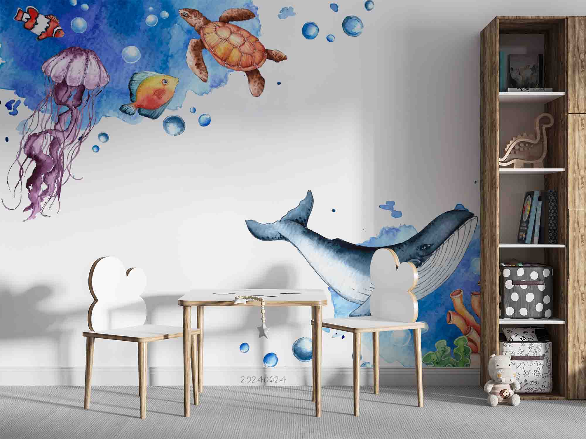 3D Sea Sea Turtle Whale Fish Jellyfish Wall Mural Wallpaper YXL 677