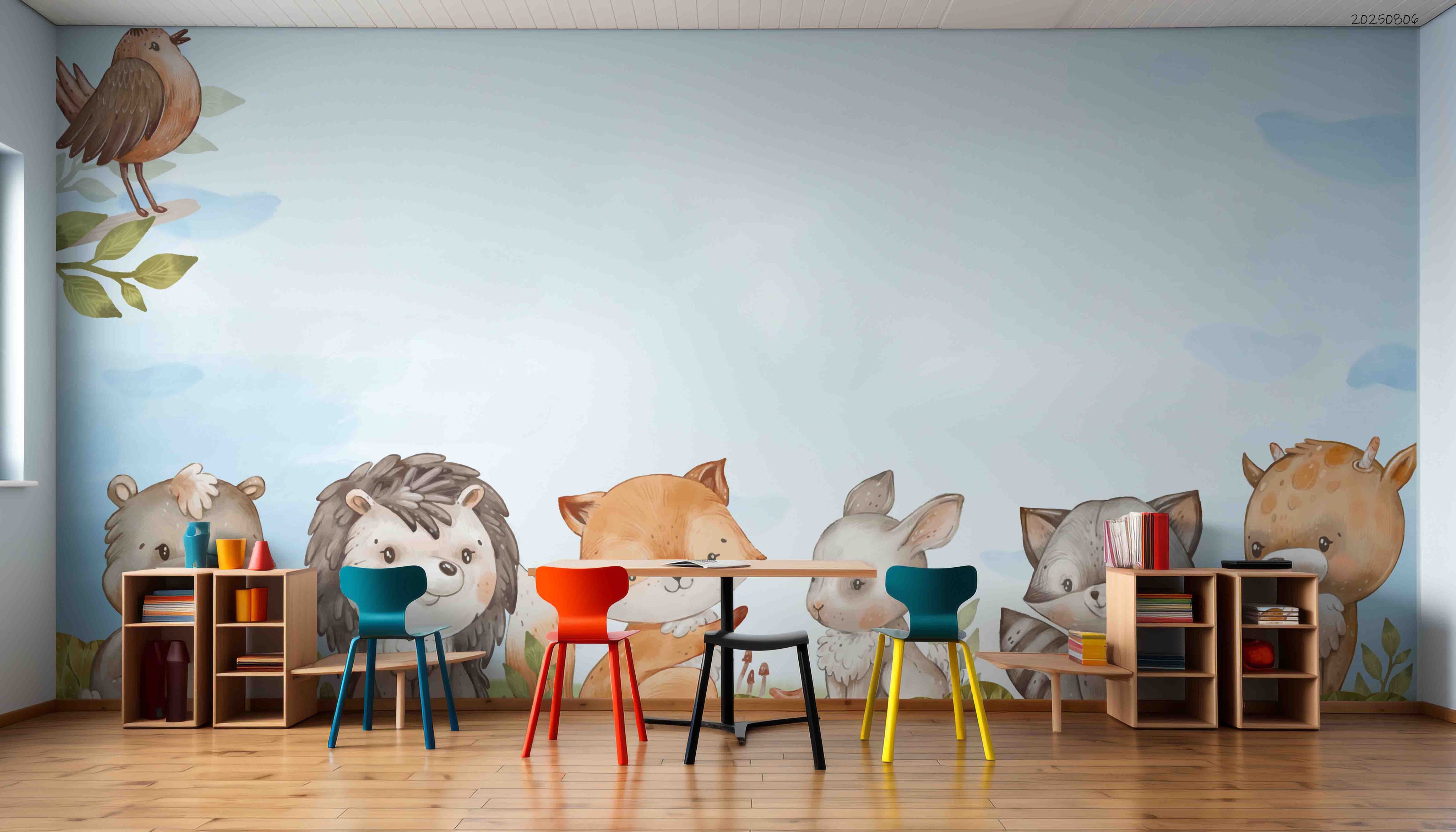 3D Childcare Nursery School Cartoon Animals Kids Wall Mural Wallpaper JN