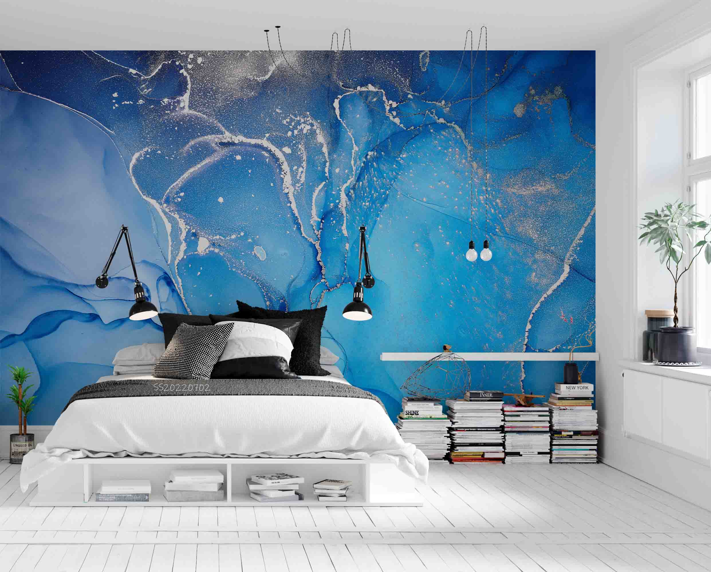 3D Bright Blue Marble bright blue marble artwork wall mural wallpaper for living room - view 2