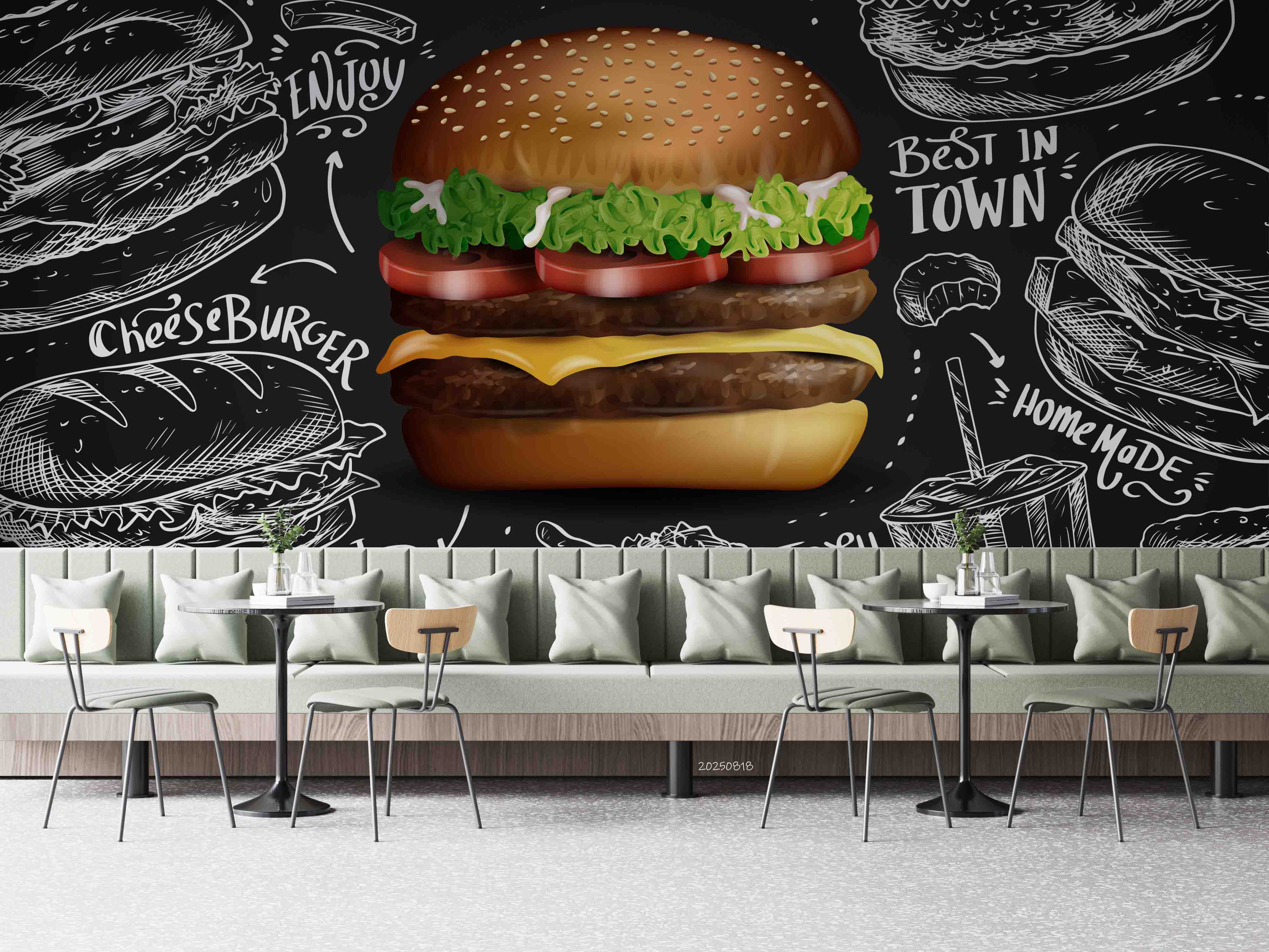 3D Restaurant Snack Bar Diner Fast Food Hamburger Cips Fried Chicken Wall Mural Wallpaper 2