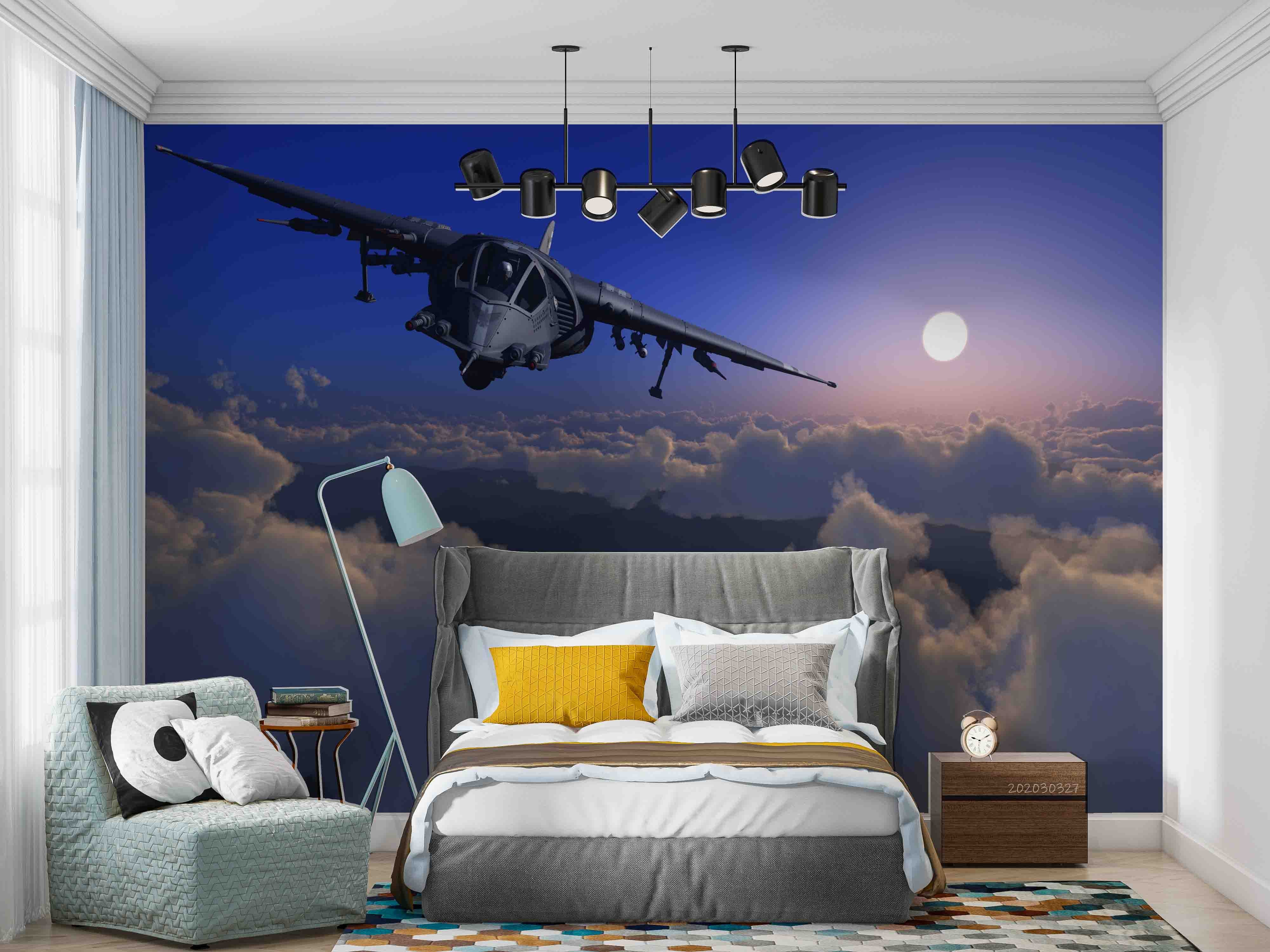 3D Military Aircraft Clouds Sky Flight Wall Mural Wallpaper GD 5478- Jess Art Decoration