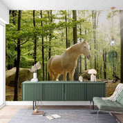 3D Forest Green Trees Sunlight White Unicorn Wall Mural Wallpaper GD 5326- Jess Art Decoration