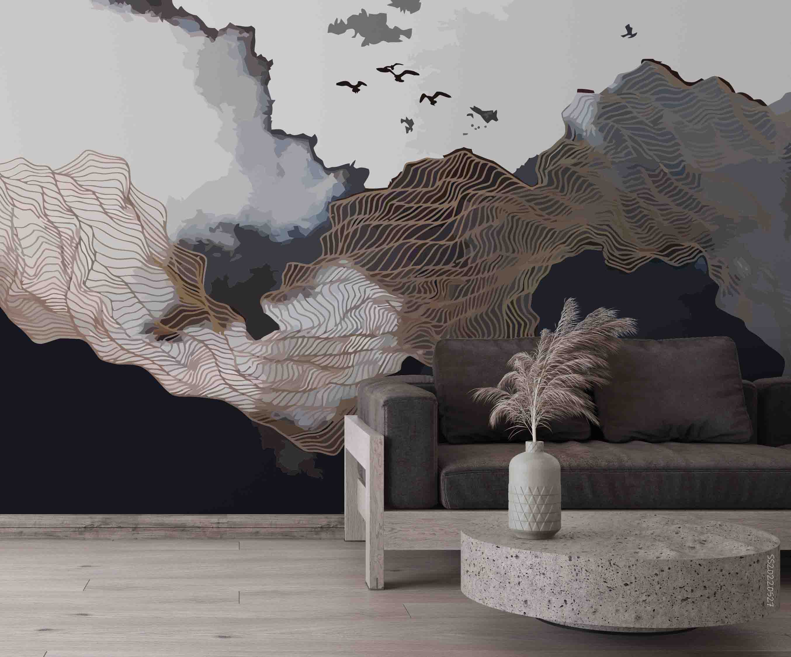 3D Abstract Illustration Brown Waves Black White Gray Wall Mural Wallpaper GD 4153- Jess Art Decoration