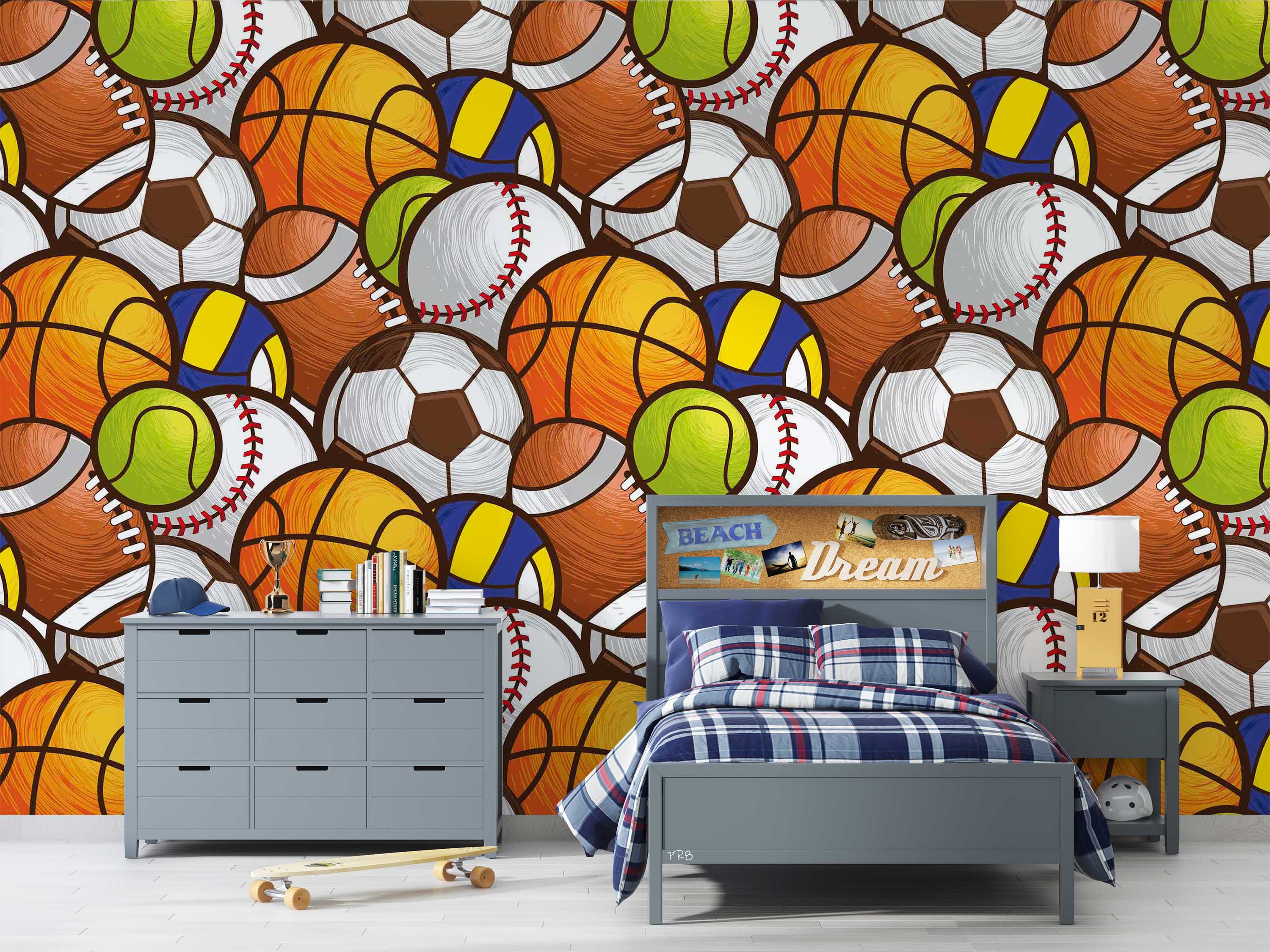 Watercolor Ball Set Sports Wallpaper sports & entertainment wall mural for games room or entertainment space - view 2