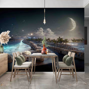 3D Promenade Beach Palm Tree Night Full Moon Sky Wall Mural Wallpaper GD 3050- Jess Art Decoration