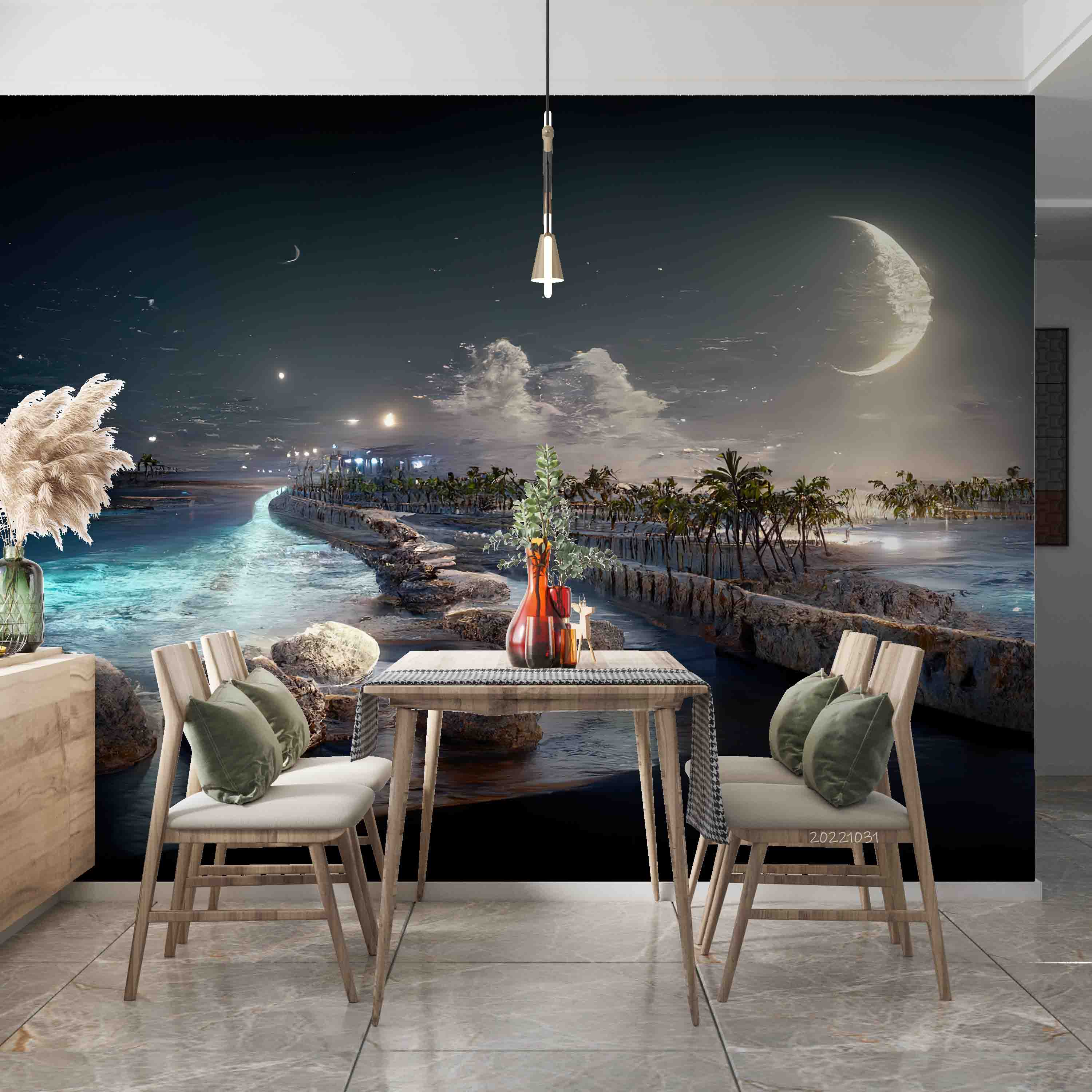 3D Promenade Beach Palm Tree Night Full Moon Sky Wall Mural Wallpaper GD 3050- Jess Art Decoration