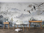 3D Watercolor Grey Mountain Plum Blossom Bird Wallpaper Wall Mural Wall Decor Wall Art Wall Sticker Remoable Wallpaper LQH 11
