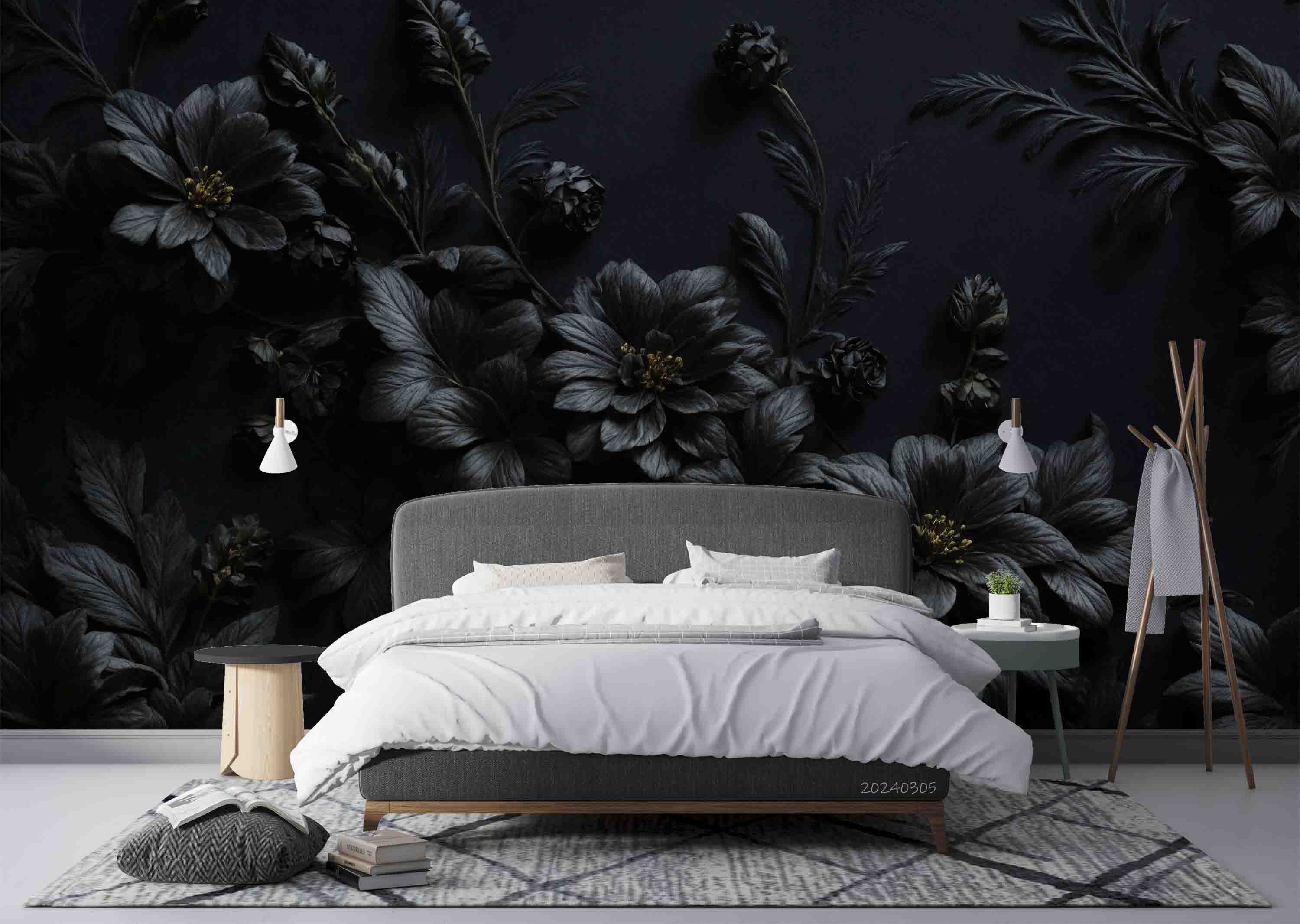 3D Black Floral Leaves Bouquet Dark Background Wallpaper Wall Mural Wall Decor Wall Art Wall Sticker Remoable Wallpaper