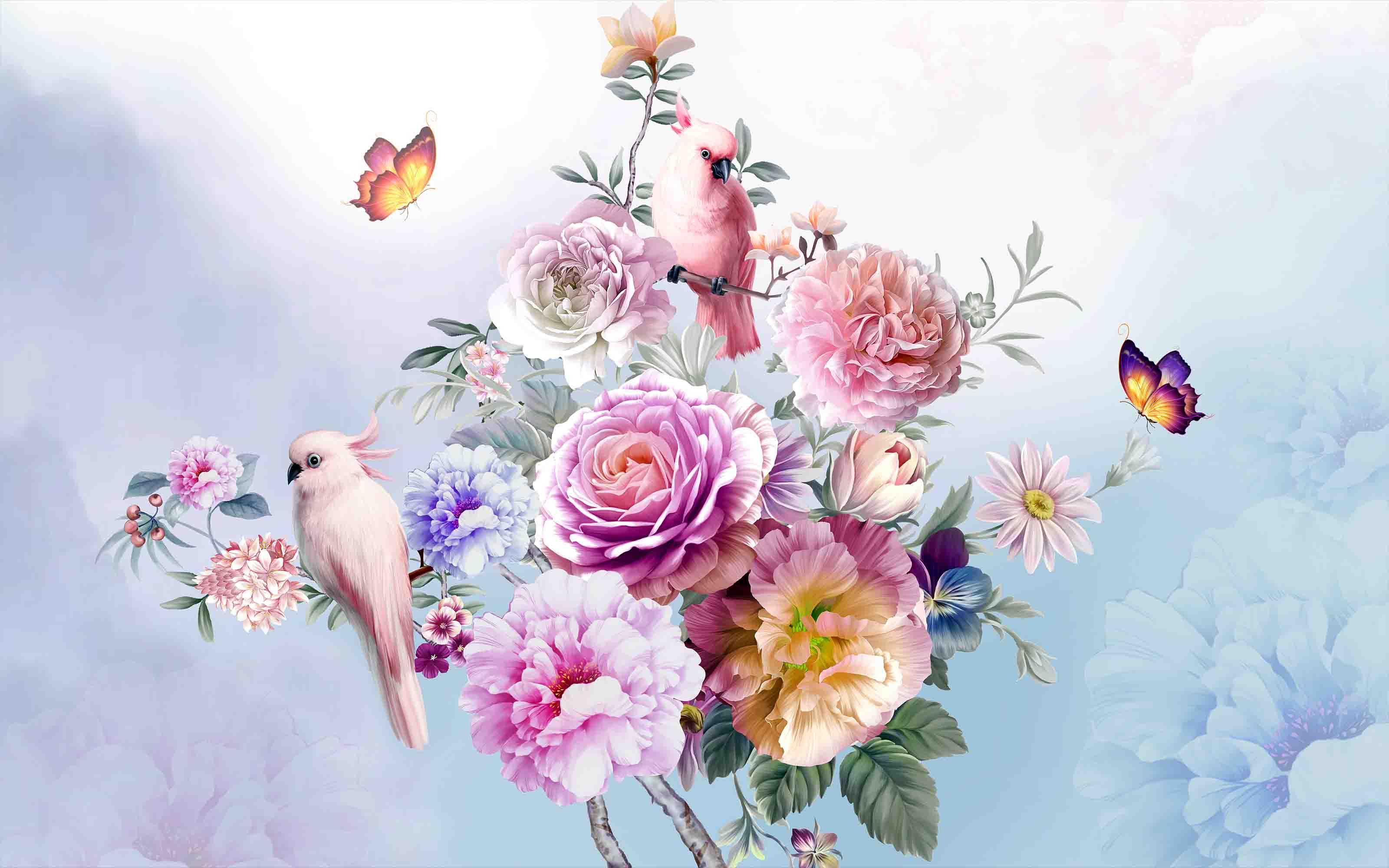 3D Floral Butterfly Parrot  Rose Wall Mural Wallpaper YXL 2630