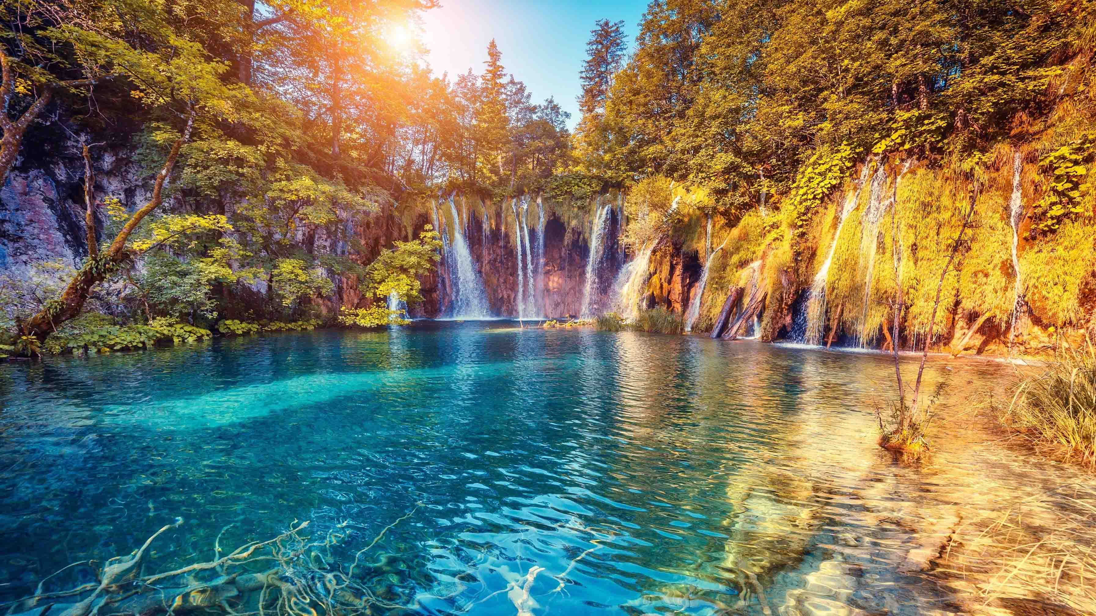 3D Mountain Tree Sunlight Sea Waterfall Wall Mural Wallpaper YXL 2624
