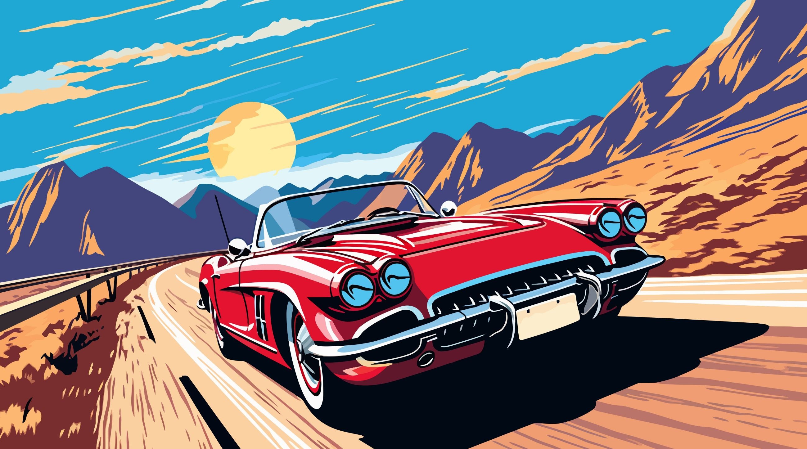 3D Cartoon Sky Mountains Red Sports Car Wallpaper Wall Mural Wall Decor Wall Art Wall Sticker Remoable Wallpaper