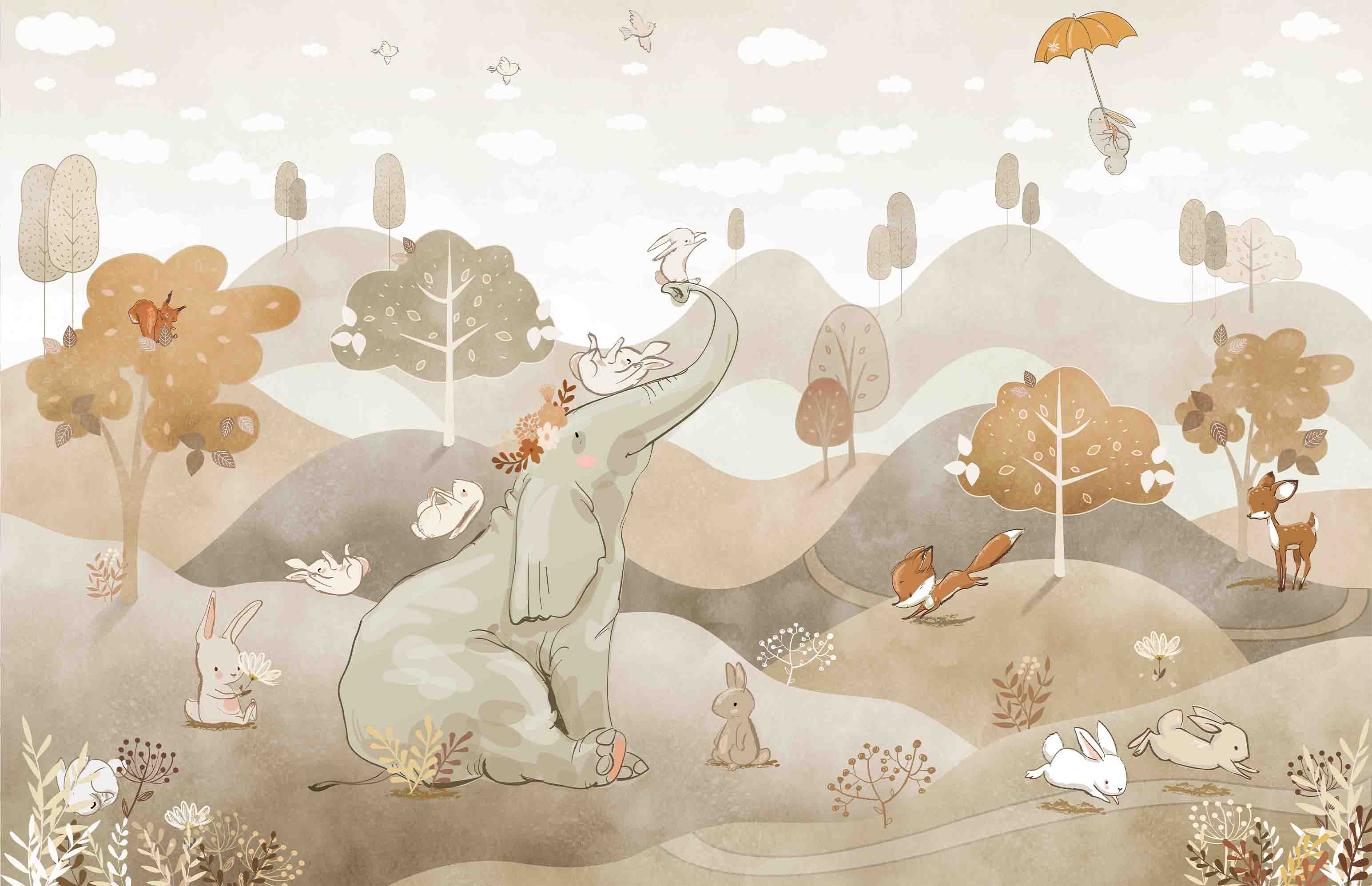 3D Tree Elephant Rabbit Fox Mountain Cloud Wall Mural Wallpaper YXL 380