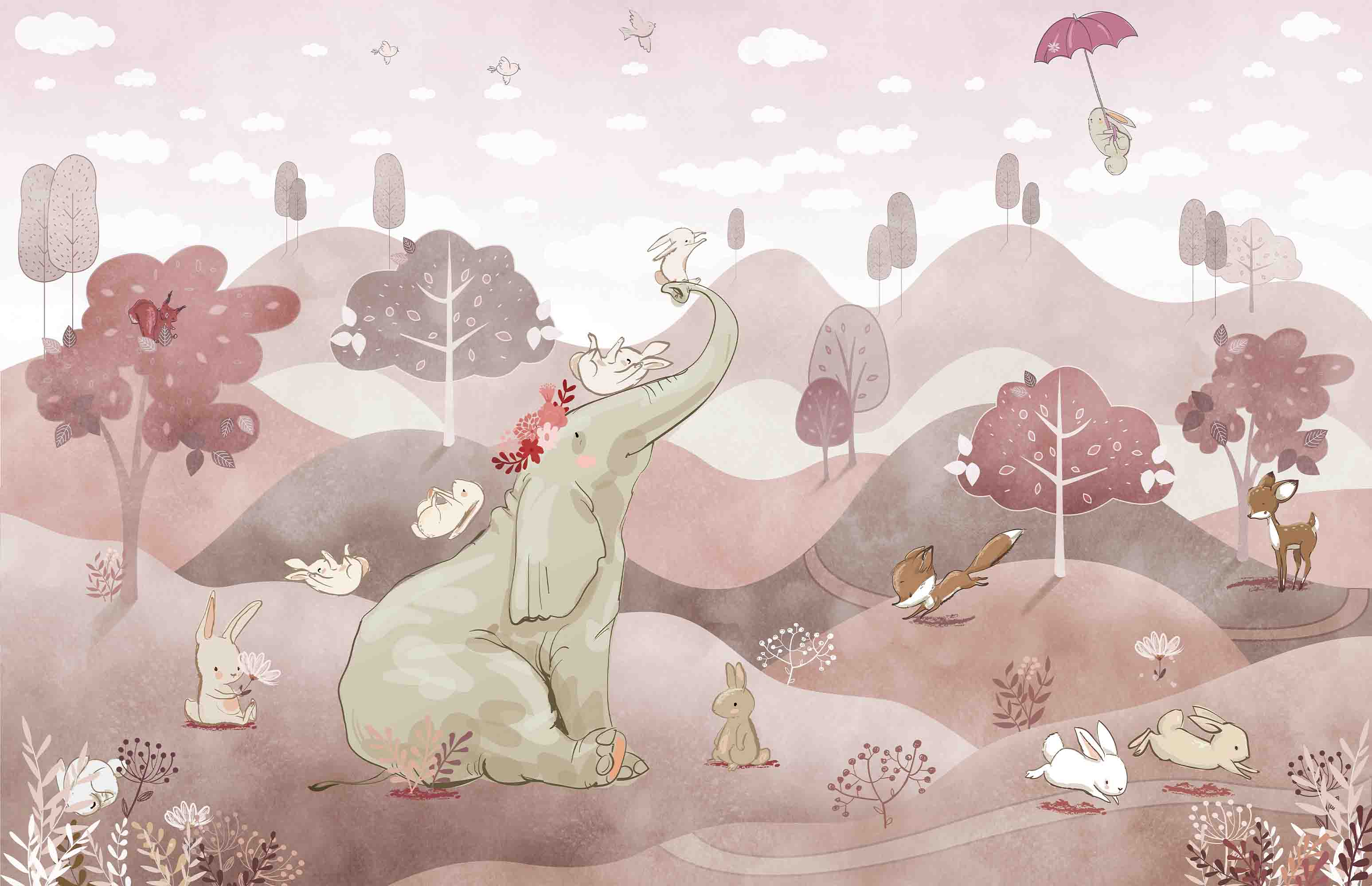 3D Tree Fox Elephant Rabbit Bird Umbrella Wall Mural Wallpaper YXL 392