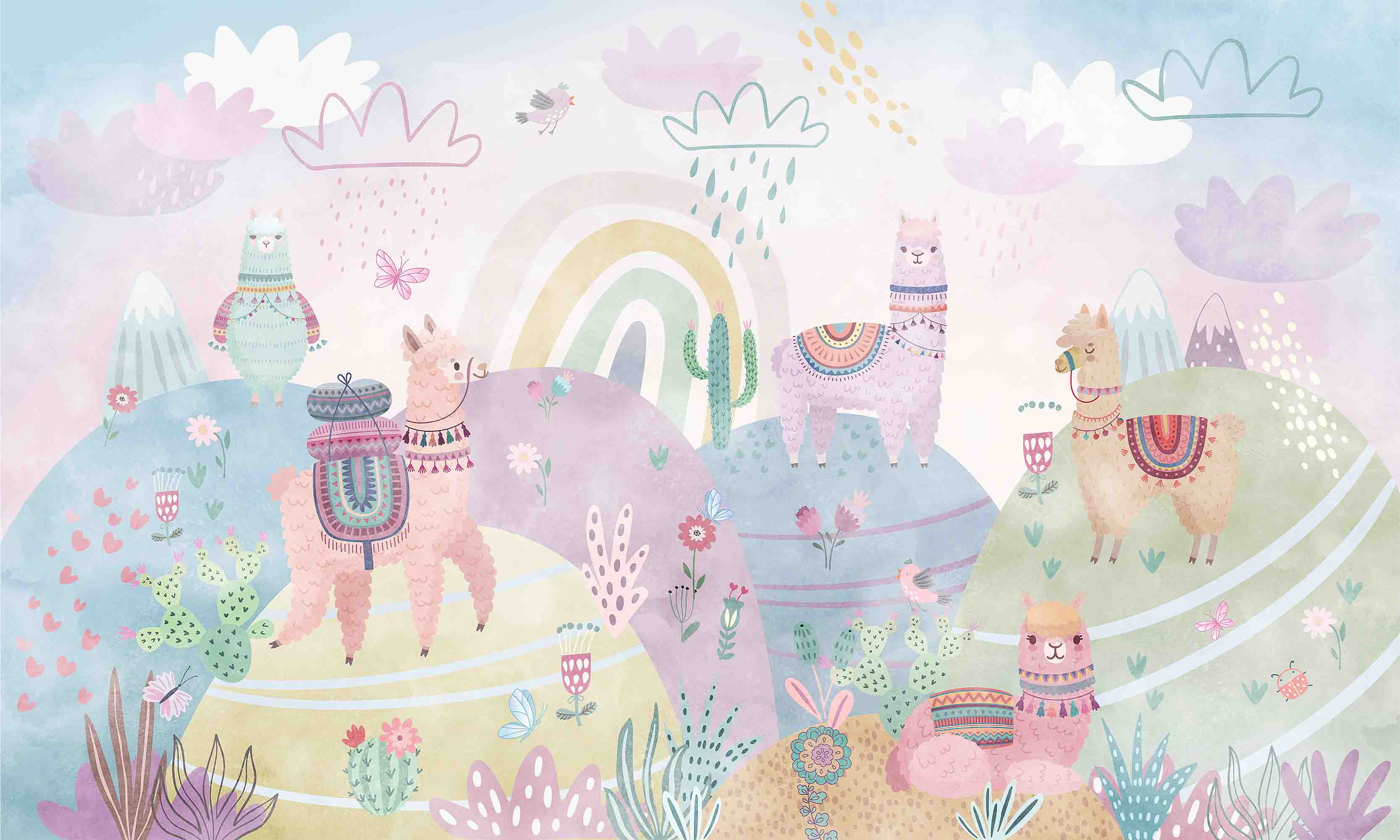 3D Flower Alpaca Mountain Rain Cloud Cactus Wall Mural Wallpaper YXL 407