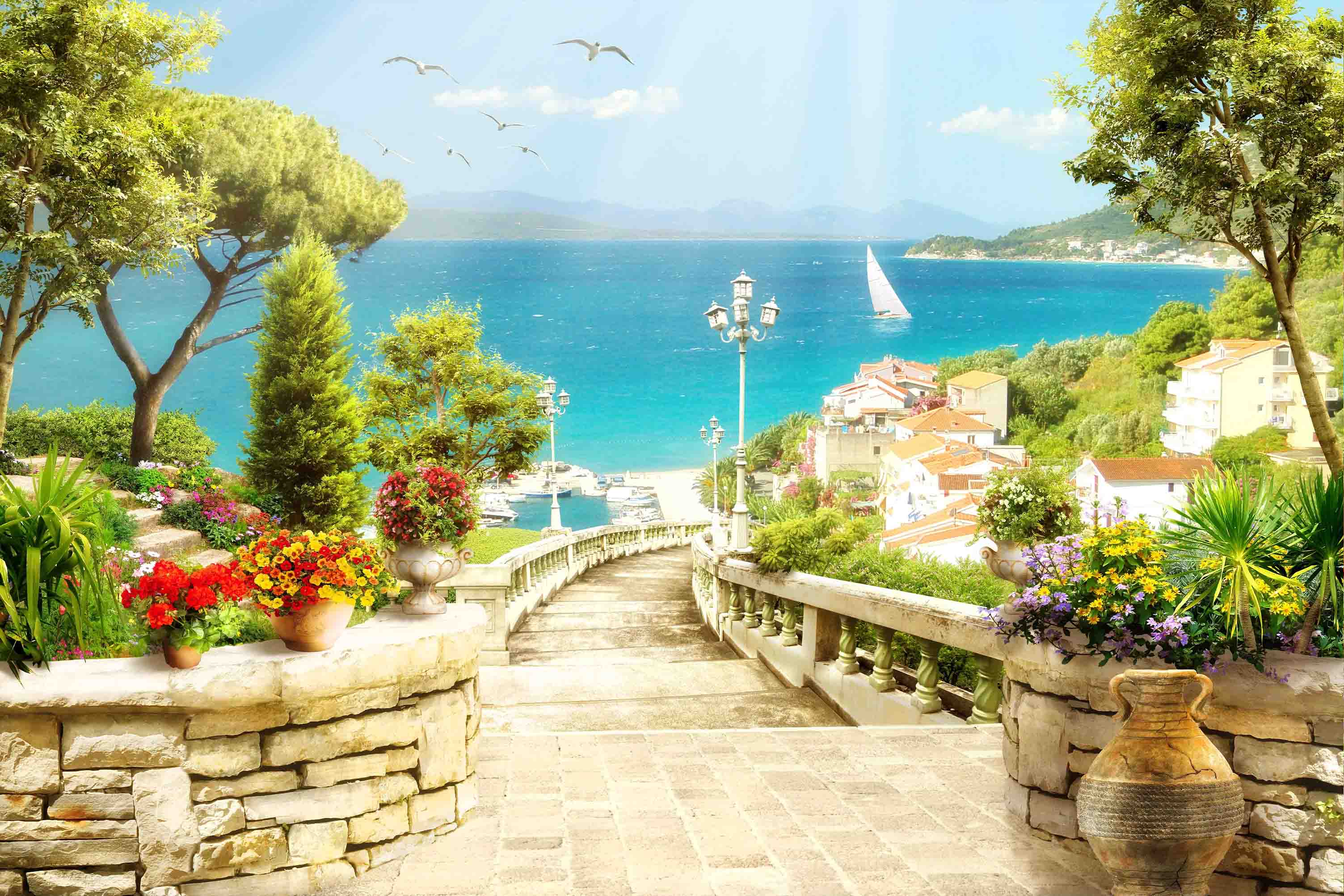 3D Aged Care Retirement Home Gerocomium Rest Home Streetscape Scenery Sea Wall Mural Wallpaper 16