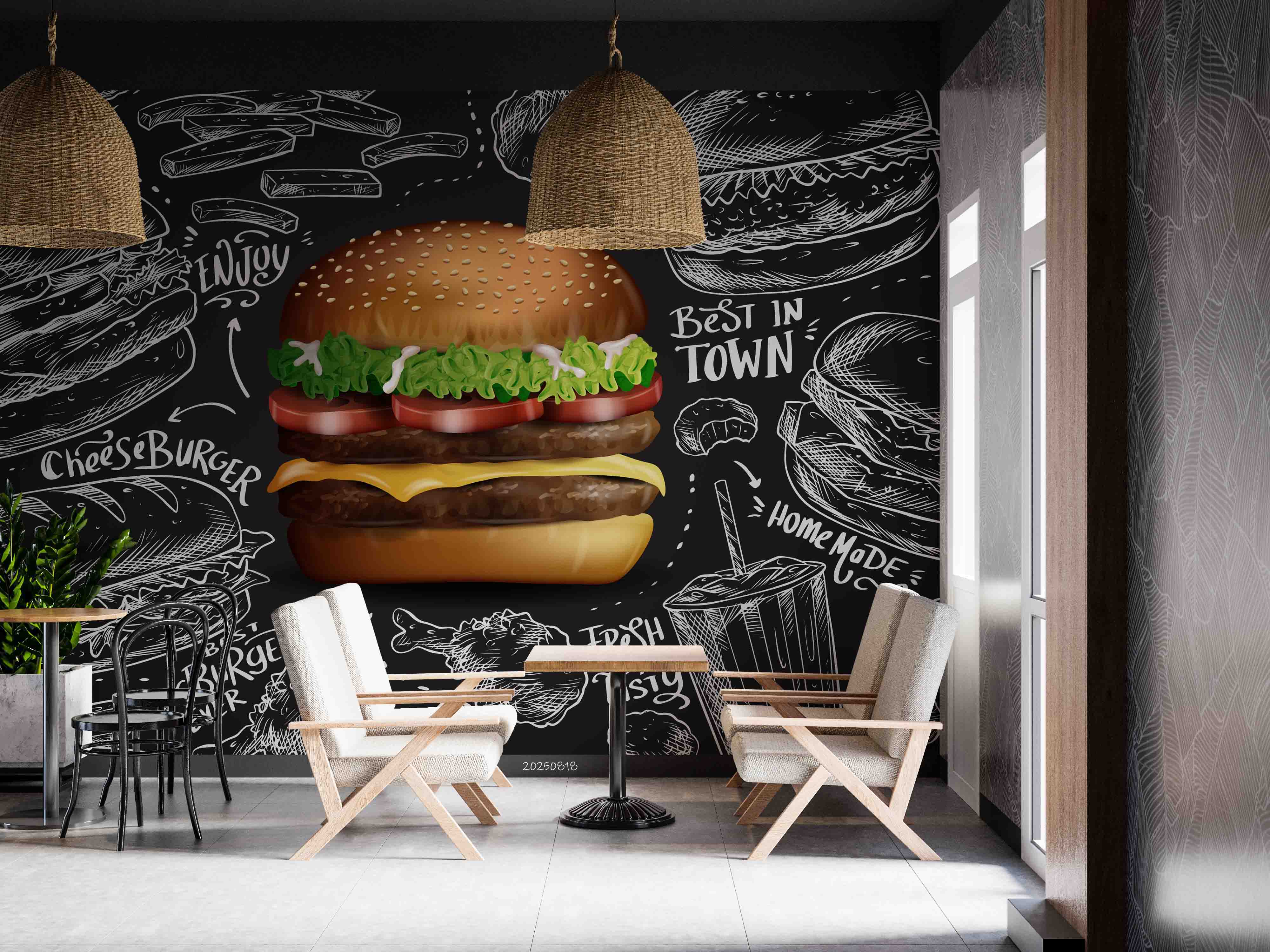 3D Restaurant Snack Bar Diner Fast Food Hamburger Cips Fried Chicken Wall Mural Wallpaper 2