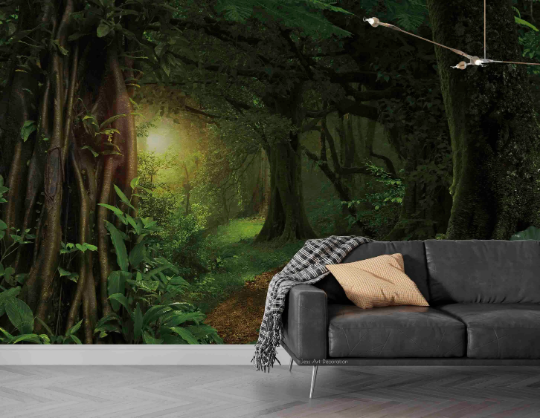 3D Sunlit Forest Tree sunlit green forest landscape wall mural wallpaper for living room - view 2
