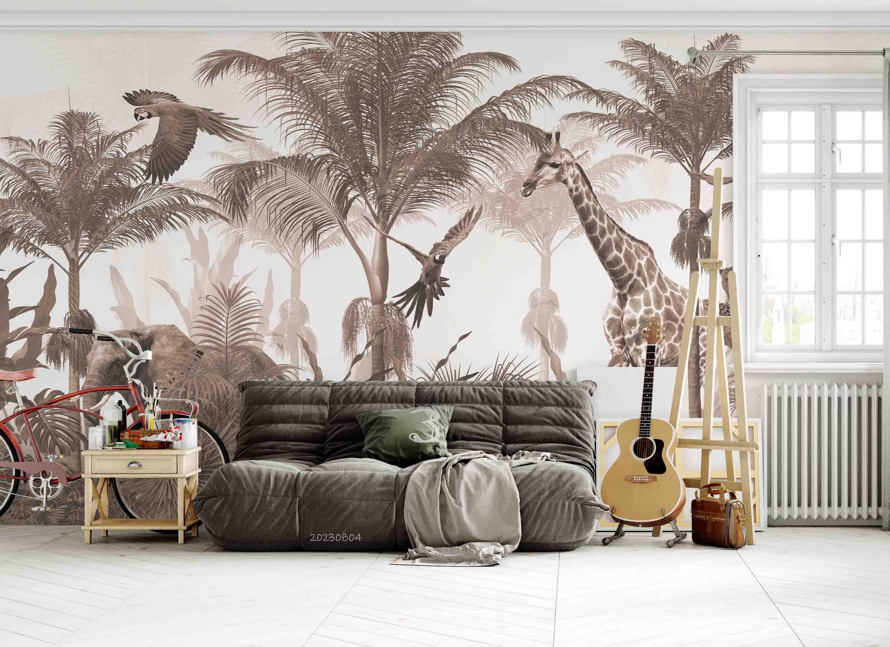 3D Animal Tree Elephant Giraffe  Parrot Cheetah Wall Mural Wallpaper YXL 2551