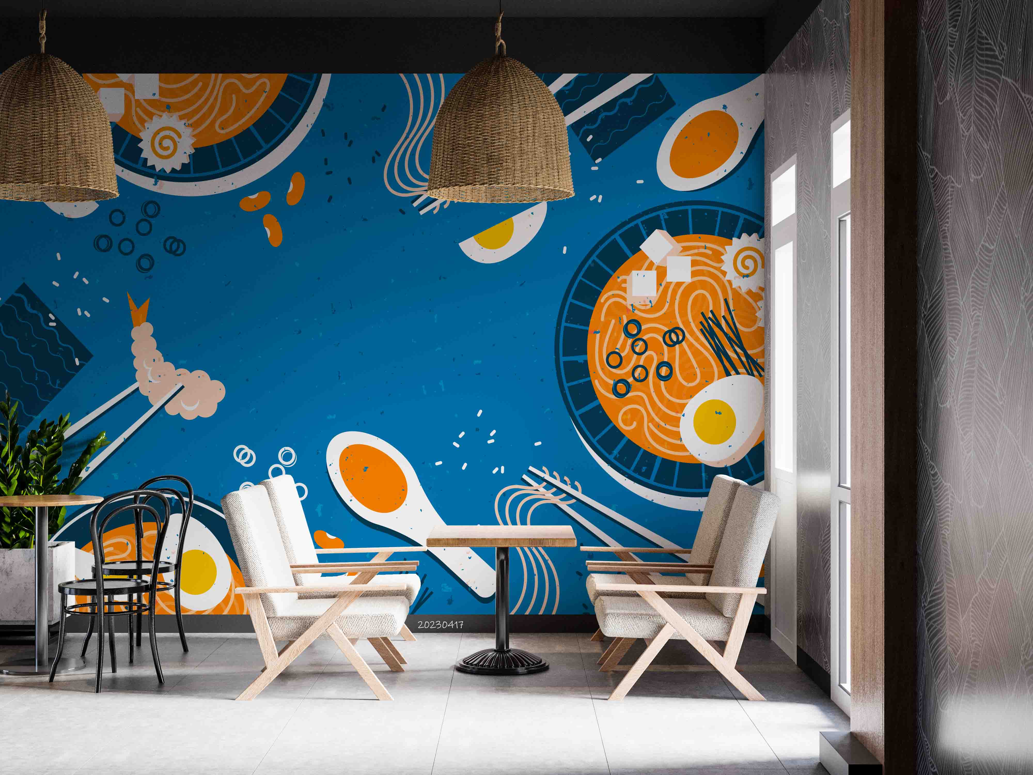3D Ramen Soup Blue Background Wall Mural Wallpaper GD 5483- Jess Art Decoration