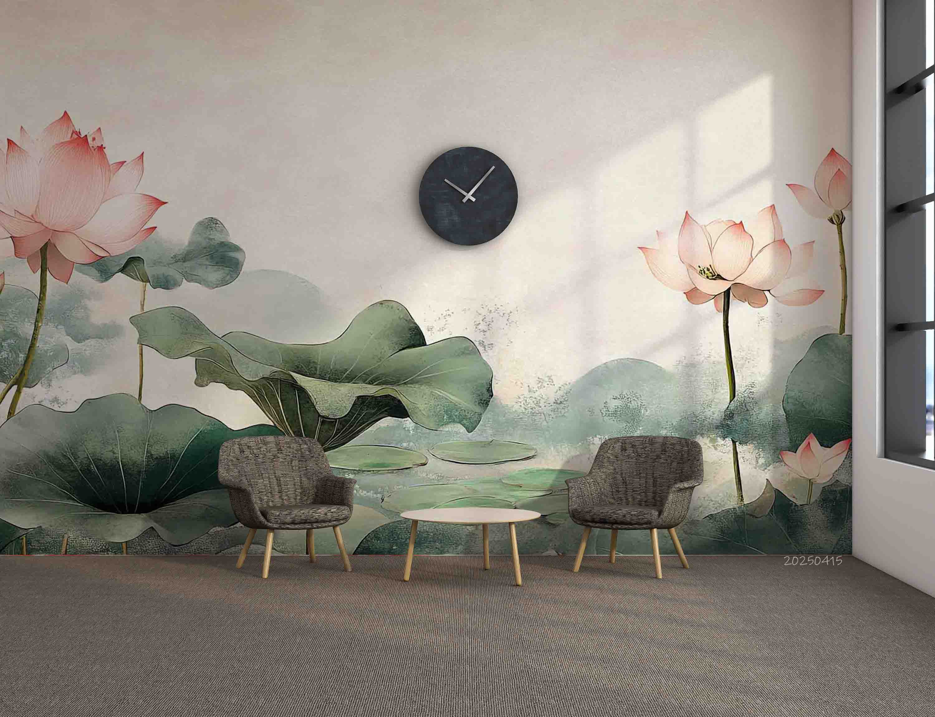 3D Hand Drawn Pink Lotus Green Leaves Wallpaper Wall Mural Wall Decor Wall Art Wall Sticker Remoable Wallpaper 42