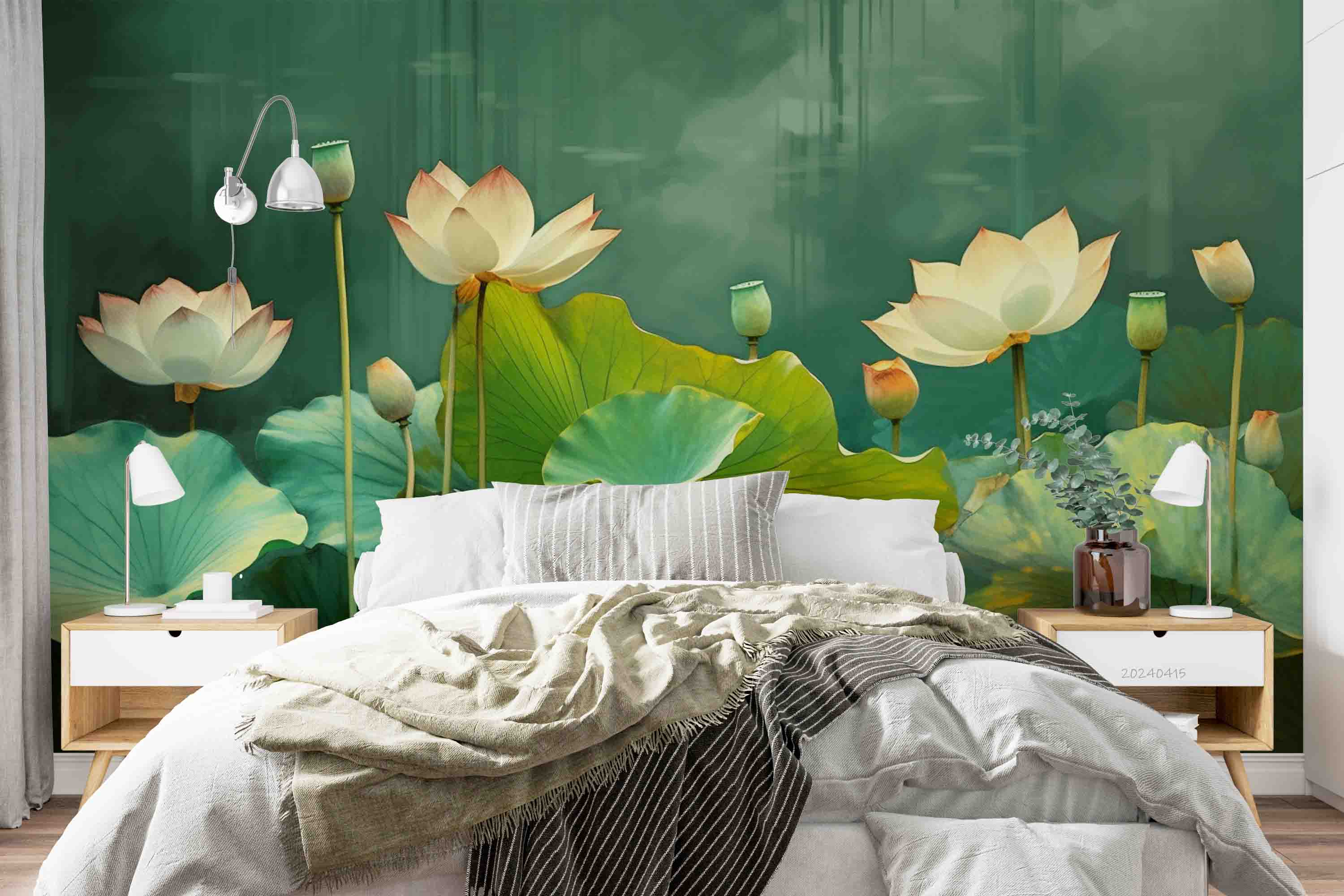 3D Watercolor Lotus Leaf Green Wallpaper Wall Mural Wall Decor Wall Art Wall Sticker Remoable Wallpaper