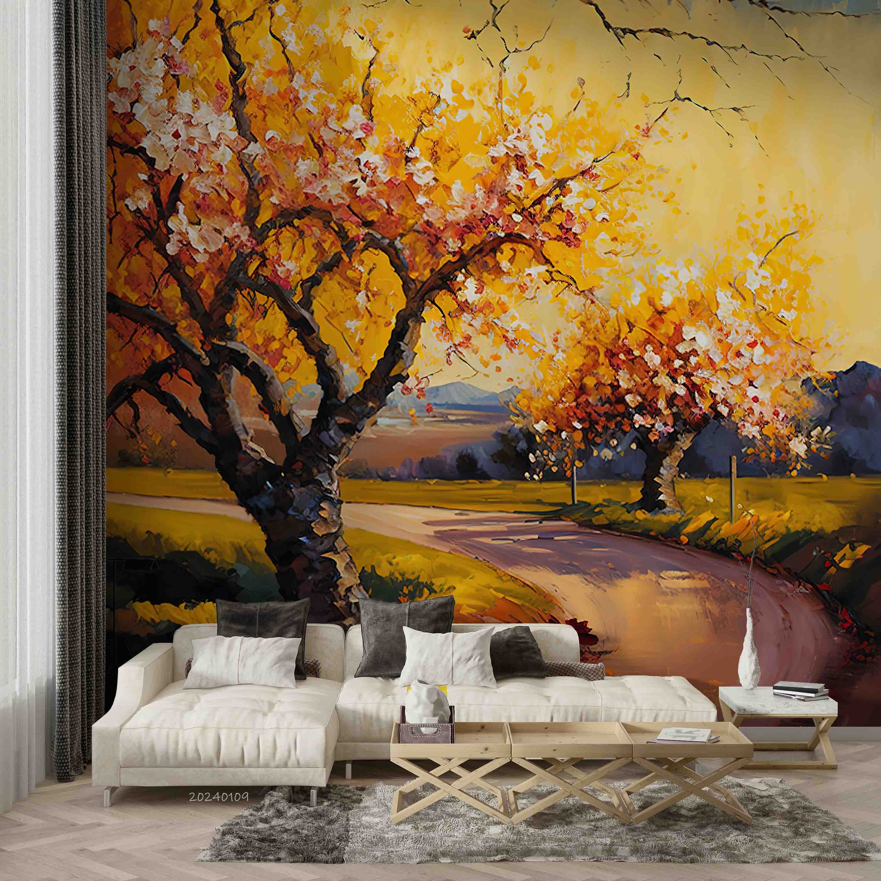 3D Oil Painting Tree Peach Blossom Grassland Road Stone Wall Mural Wallpaper YXL 130