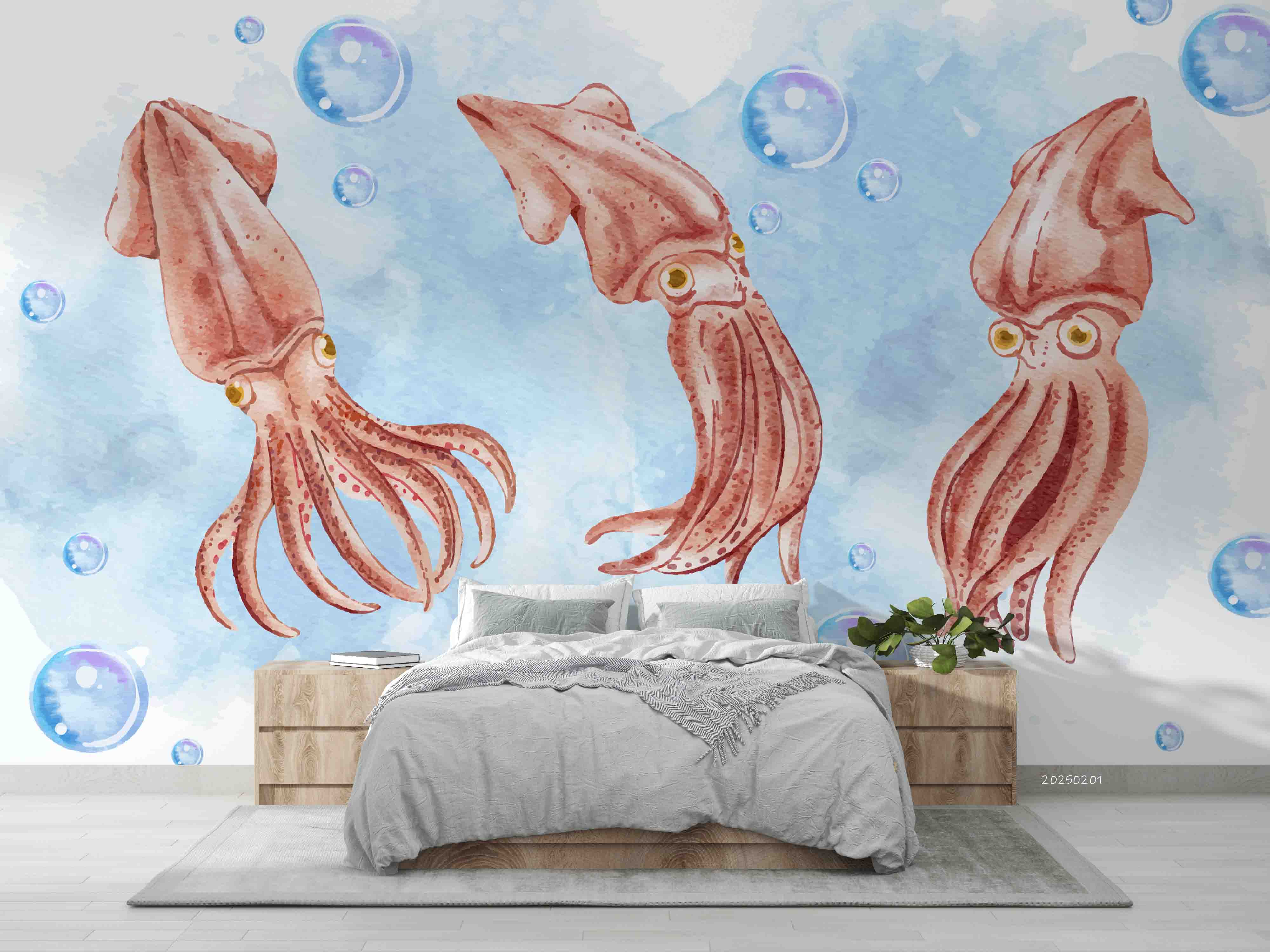 3D Watercolor Blue Ocean Octopus Wallpaper Wall Mural Wall Decor Wall Art Wall Sticker Remoable Wallpaper LQH 71