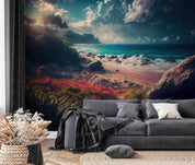 3D Sandbeach Ocean Mountain Blue Spindrift Tree Wall Mural Wallpaper YXL 5- Jess Art Decoration
