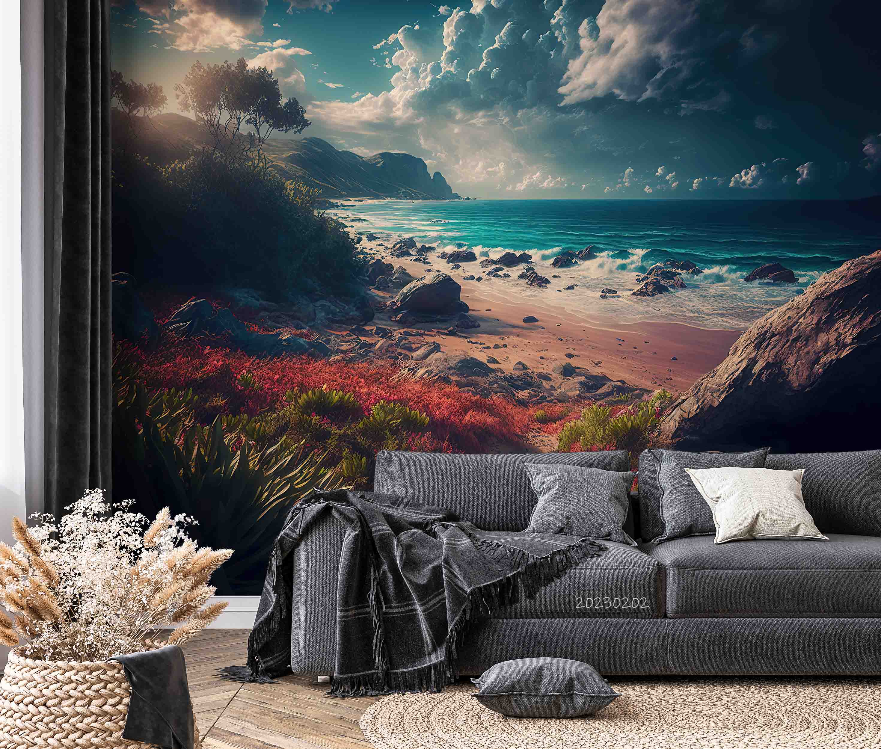 3D Sandbeach Ocean Mountain Blue Spindrift Tree Wall Mural Wallpaper YXL 5- Jess Art Decoration