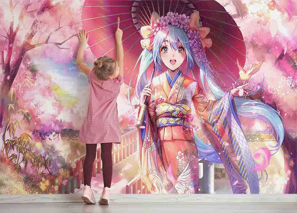 3D Cartoon Tree Umbrella Person Sky Cloud Wall Mural Wallpaper YXL 2636