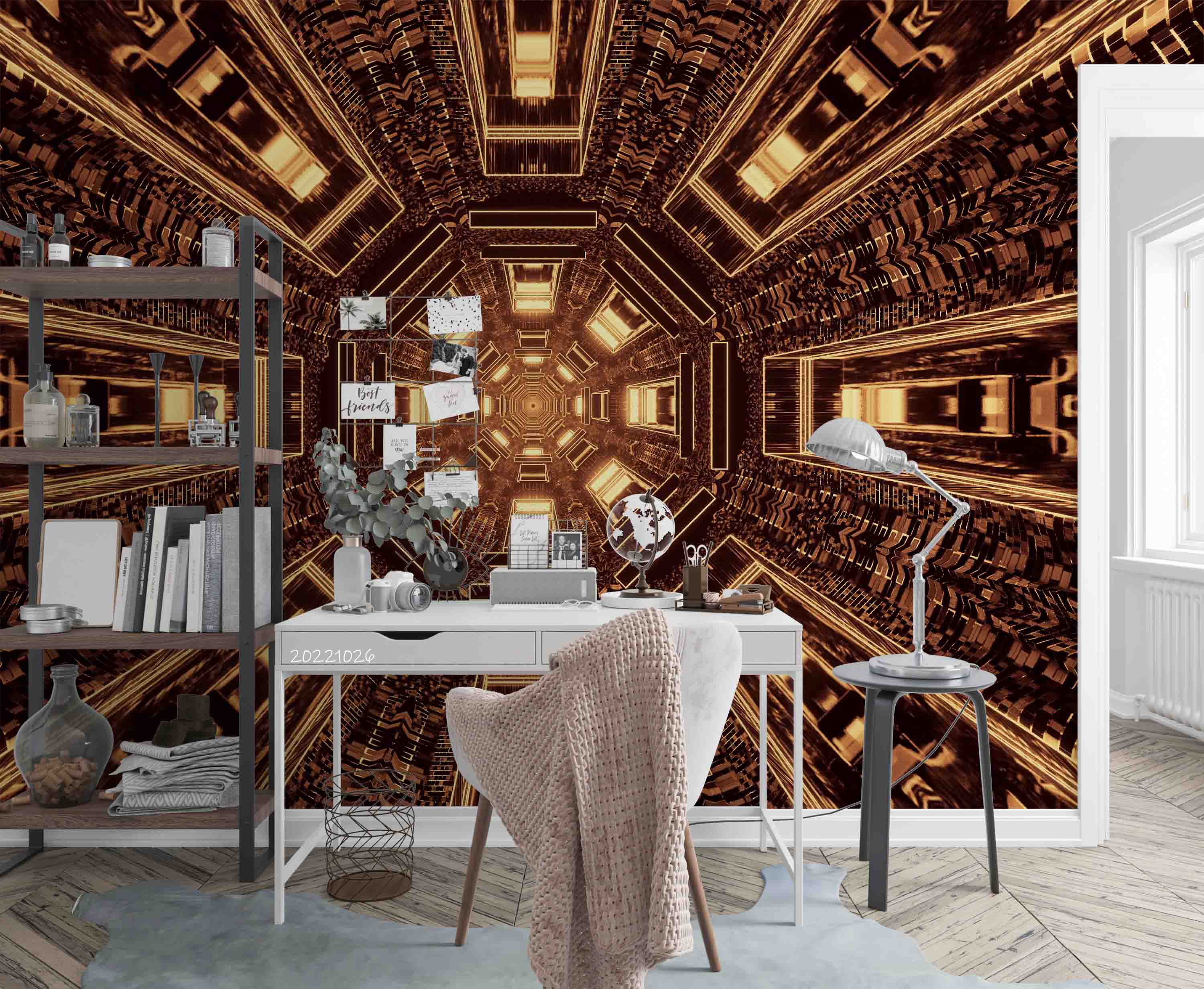 3D Futuristic Sci-Fi Tunnel Corridor Brown Gold Light Wall Mural Wallpaper GD 3170- Jess Art Decoration