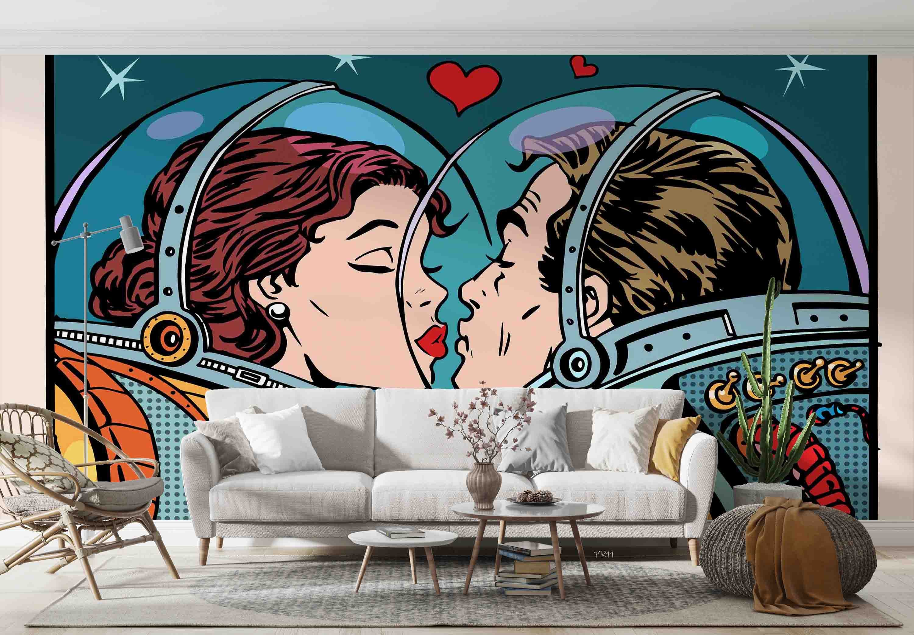 3D Astronaut Couple Kiss romantic astronaut pop art scene wall mural wallpaper for bedroom - view 2