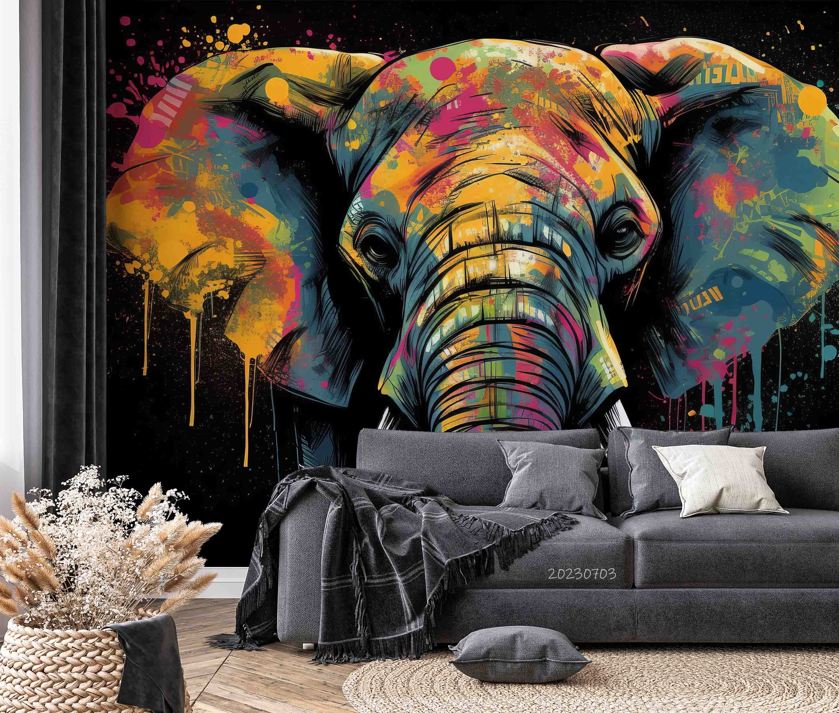 3D Animal Elephant Colours Graffiti Wall Mural Wallpaper YXL 1839