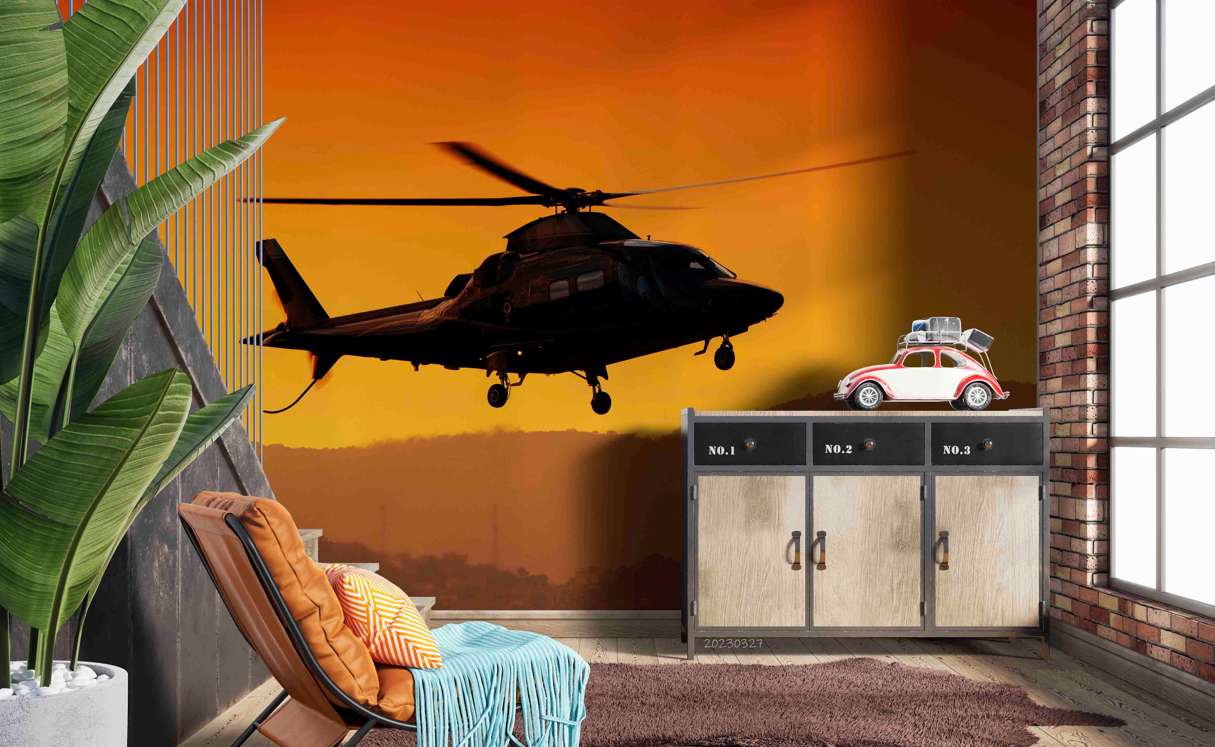 3D Agusta A109S Grand Silhouette Sunset Wall Mural Wallpaper GD 5443- Jess Art Decoration