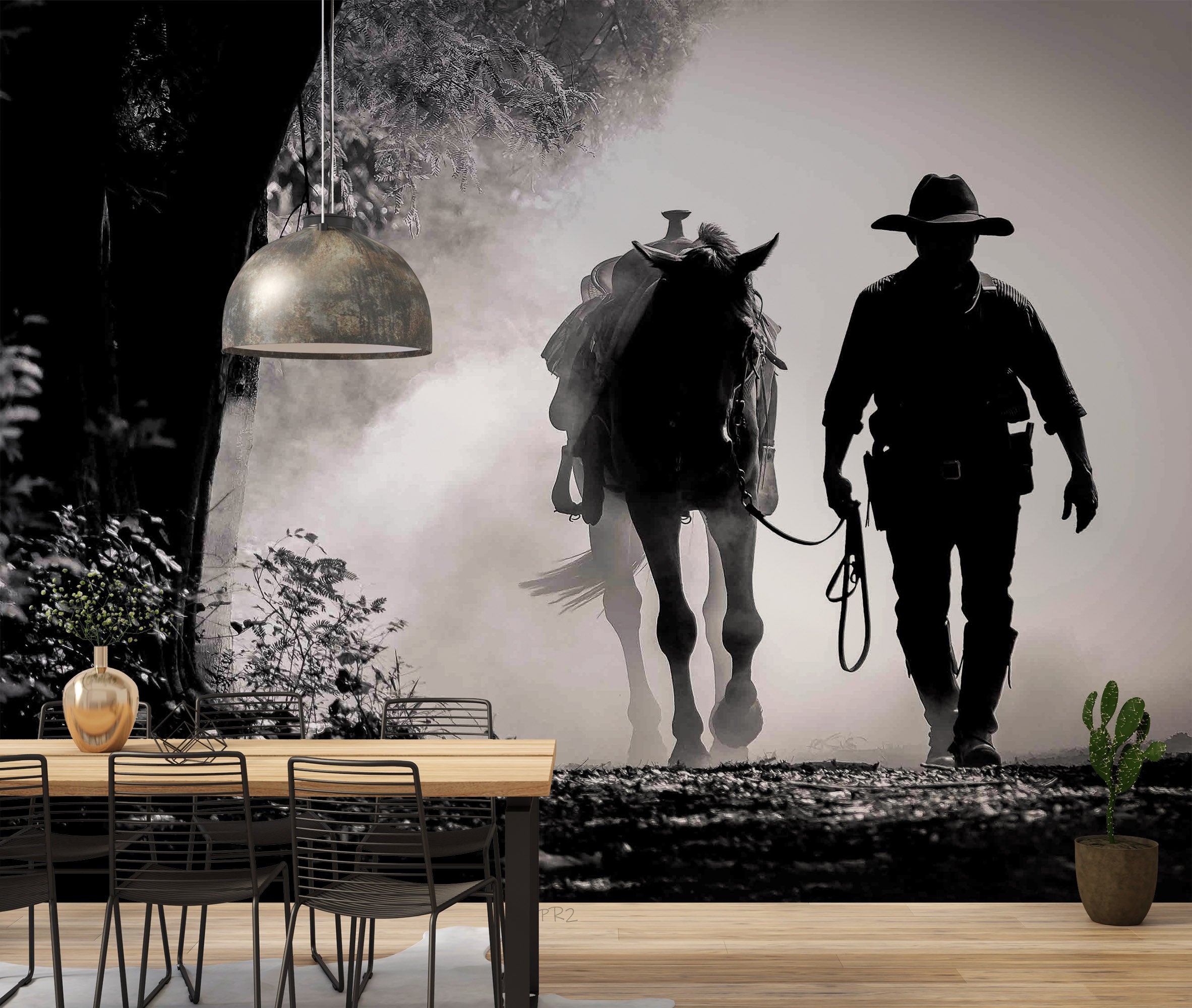 Early Morning Misty Horse Cowboy Sports Wallpaper sports & entertainment wall mural for games room or entertainment space - v