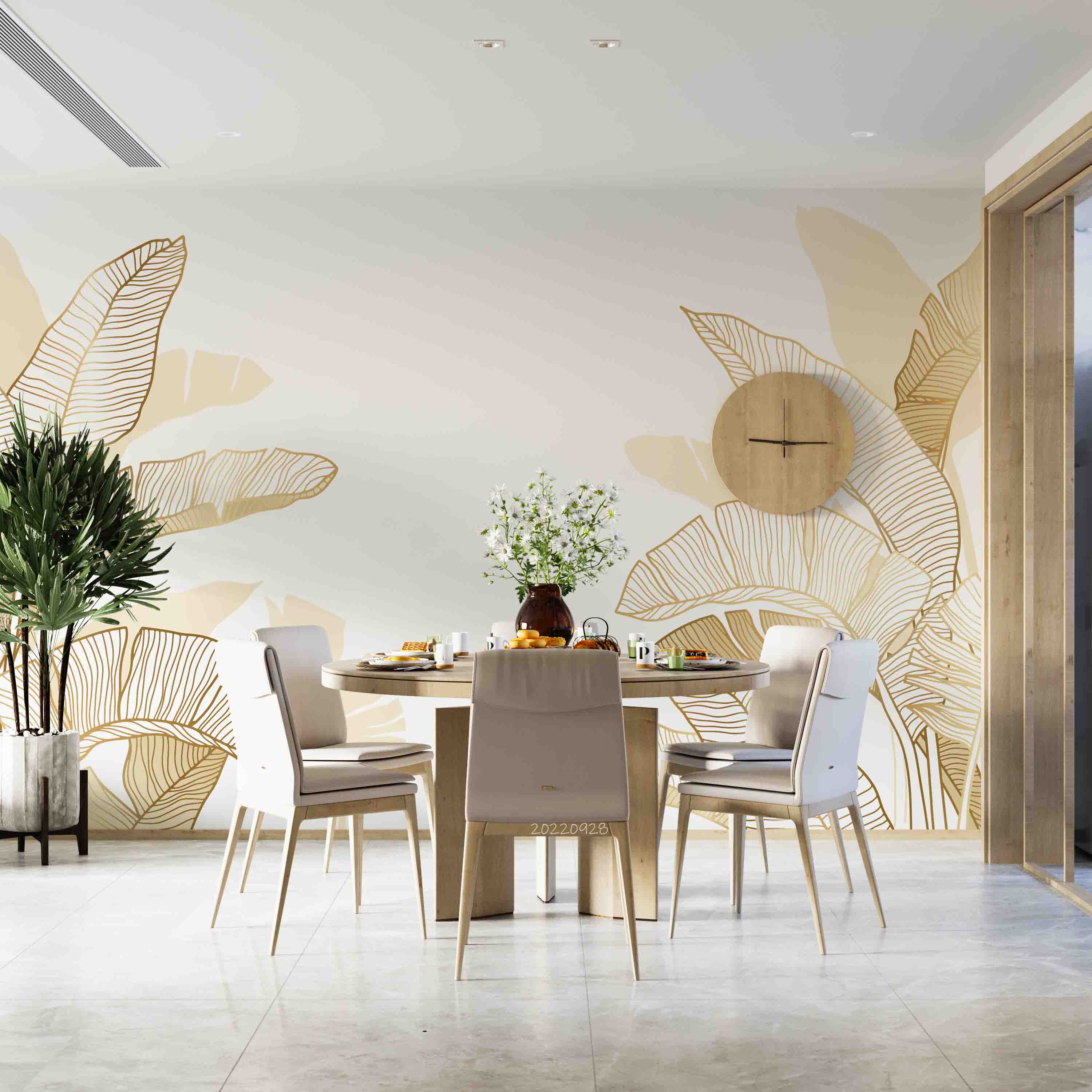 3D Hand Drawn Linear Engraving Tropical Golden Leaves Wall Mural Wallpaper GD 3368- Jess Art Decoration