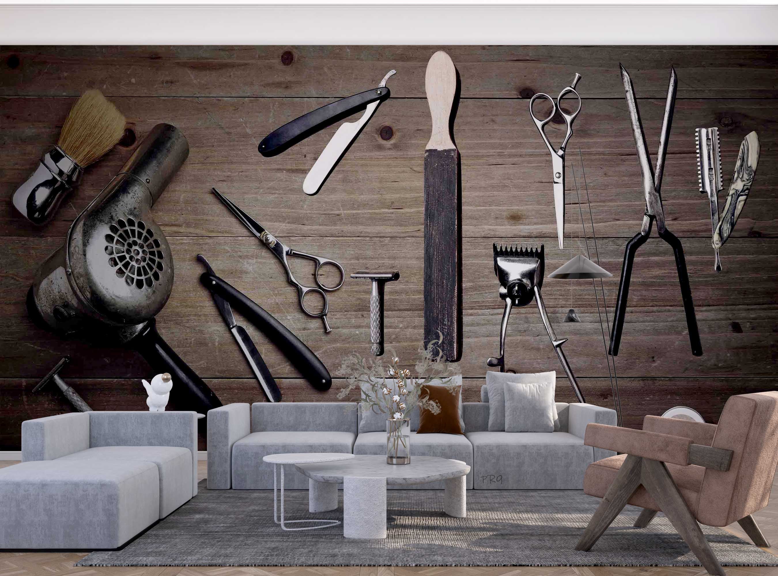 3D Barber Tools Wooden Board Texture Background Wall Mural Wallpaper GD 4702- Jess Art Decoration