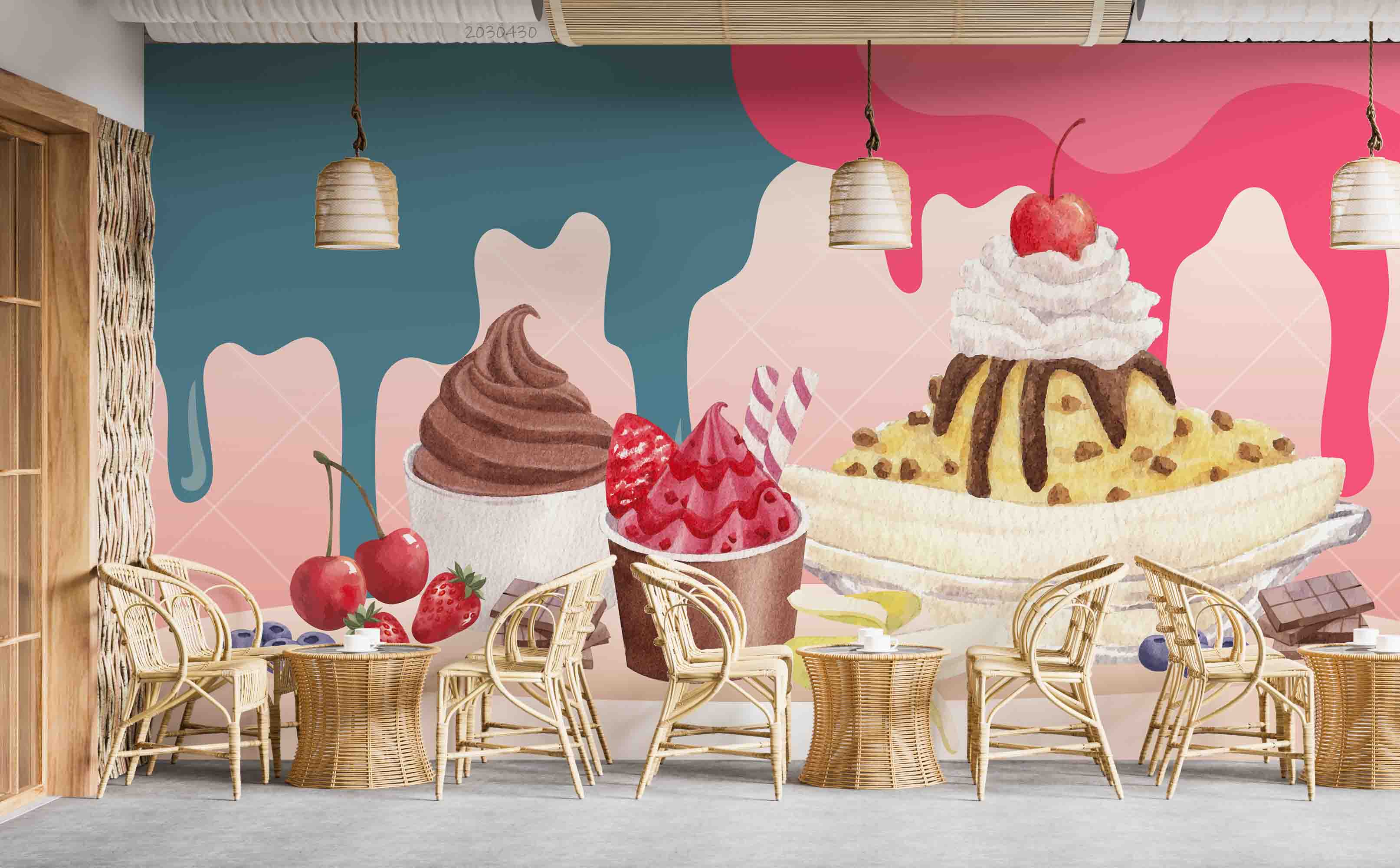 3D Ice Cream Flavor Watercolor Style Wall Mural Wallpaper GD 5286- Jess Art Decoration