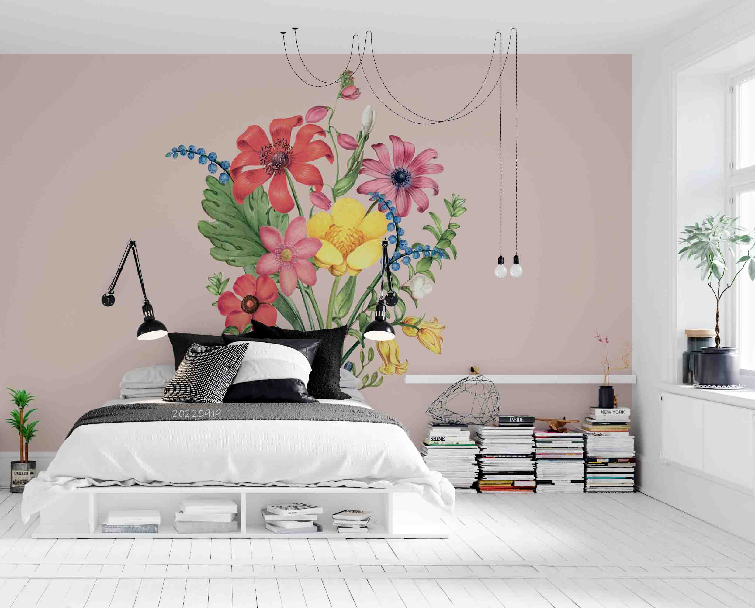 3D Red Daisy Bouquet Pink Background Wall Mural Wallpaper GD 3431- Jess Art Decoration