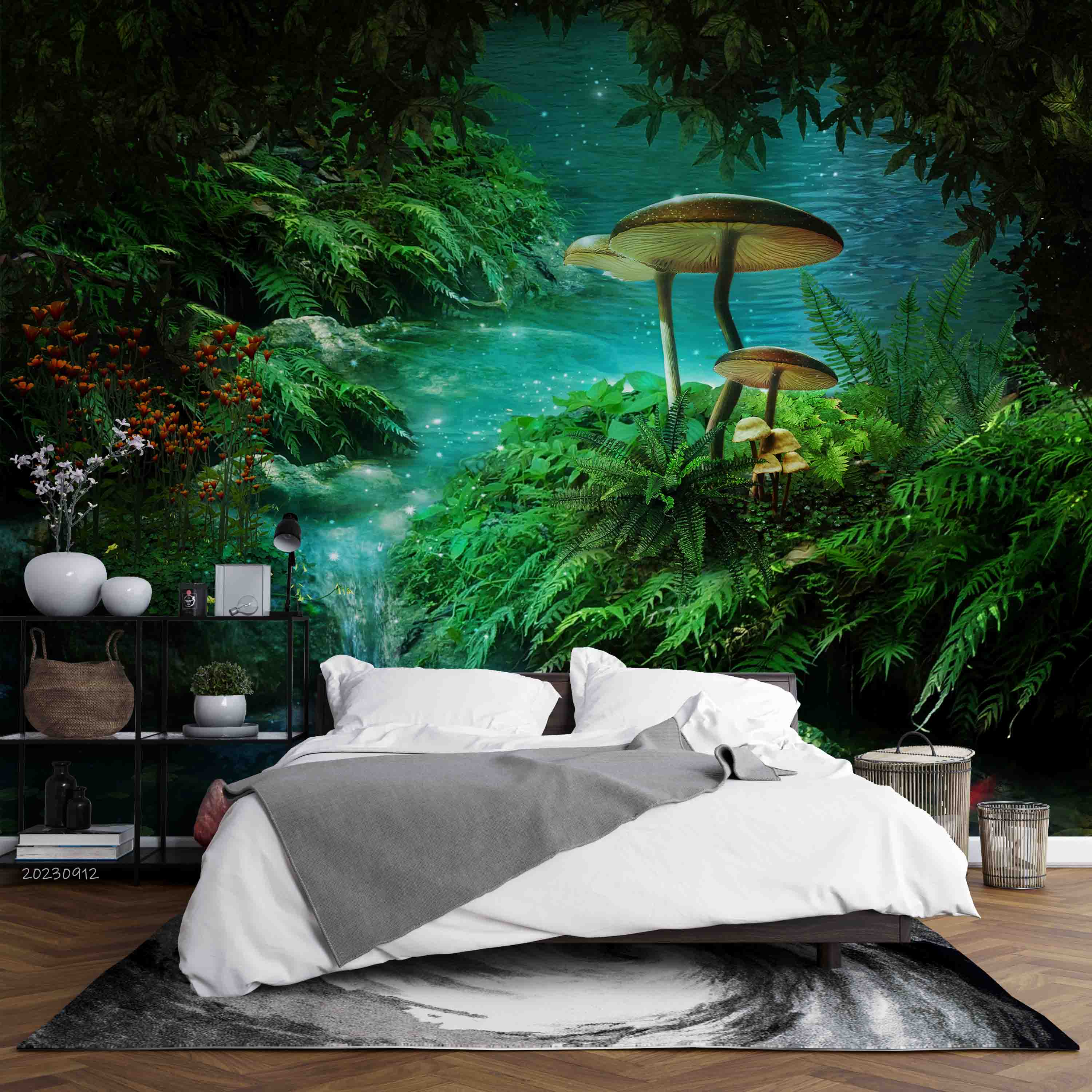 3D Tree River Fish Mushroom Wall Mural Wallpaper YXL 2573