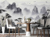 3D Mountain Tree Bird Fog Sky Wall Mural Wallpaper YXL 2937