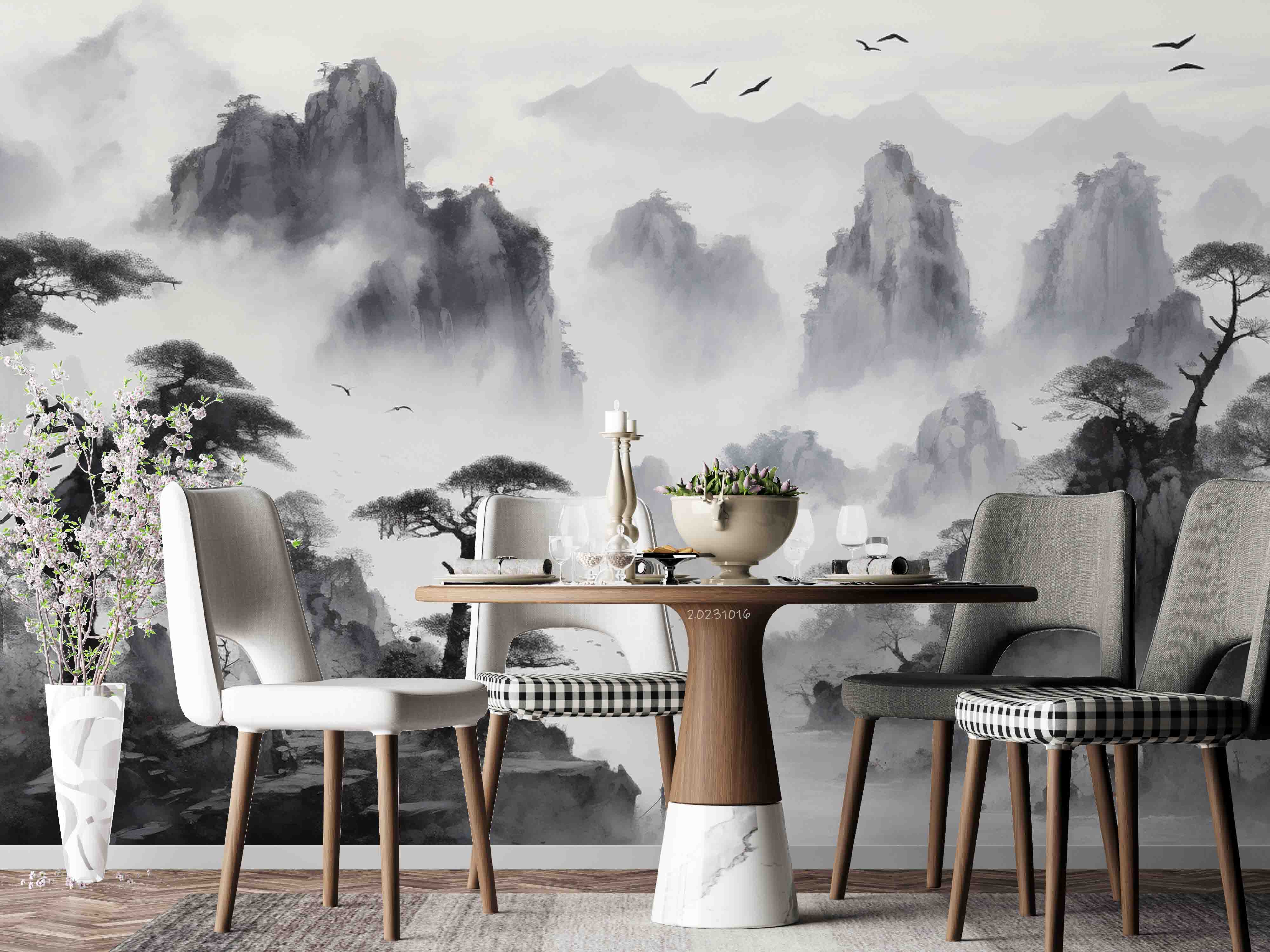 3D Mountain Tree Bird Fog Sky Wall Mural Wallpaper YXL 2937
