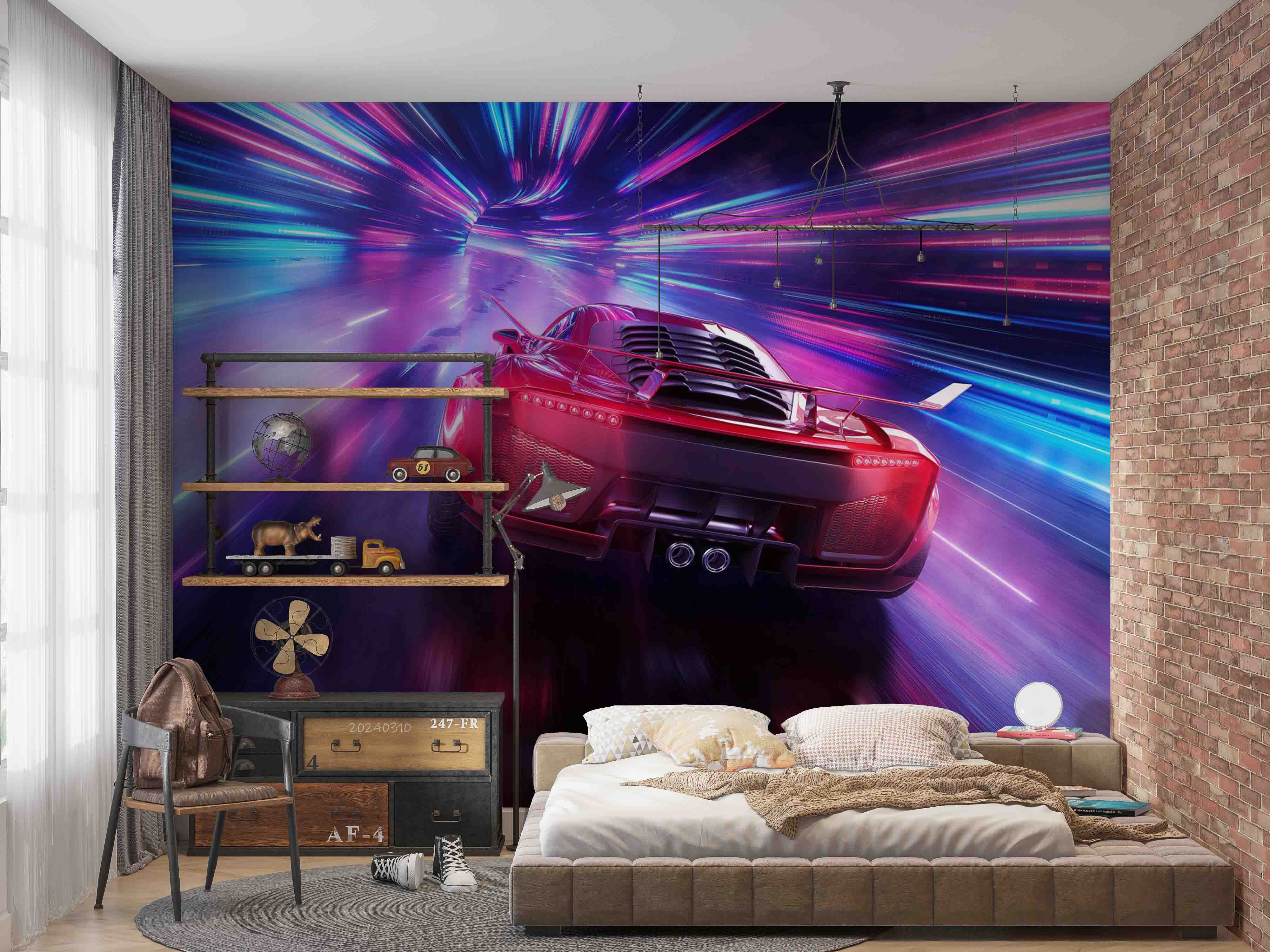 3D Neon Red Sports Car Wallpaper Wall Mural Wall Decor Wall Art Wall Sticker Remoable Wallpaper
