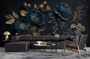 3D Blue Floral Gold Leaves Dark Background Wallpaper Wall Mural Wall Decor Wall Art Wall Sticker Remoable Wallpaper