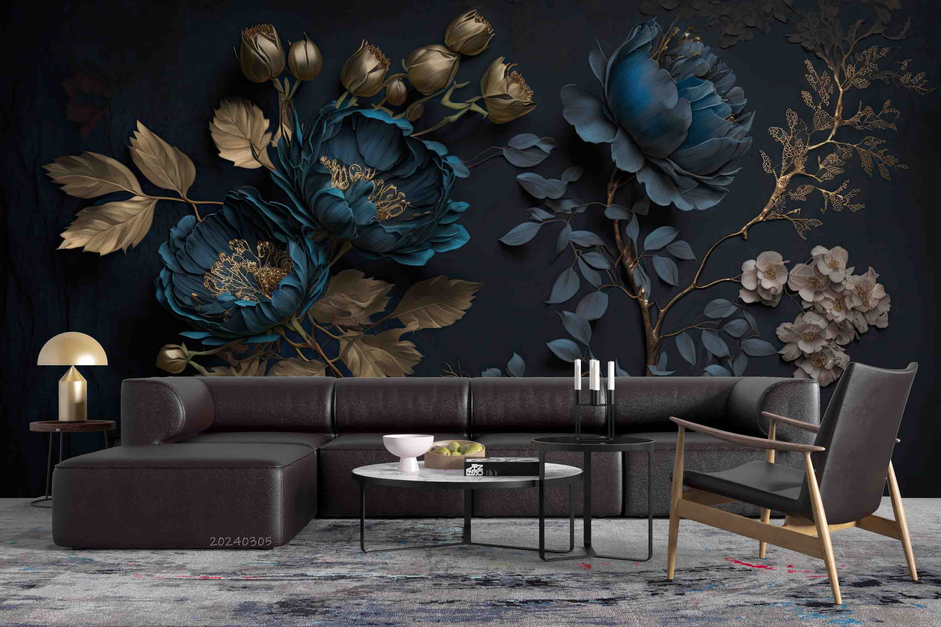 3D Blue Floral Gold Leaves Dark Background Wallpaper Wall Mural Wall Decor Wall Art Wall Sticker Remoable Wallpaper
