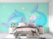 3D Cartoon Cute Dolphin Floral Star Wall Mural Wallpaper GD 4898- Jess Art Decoration