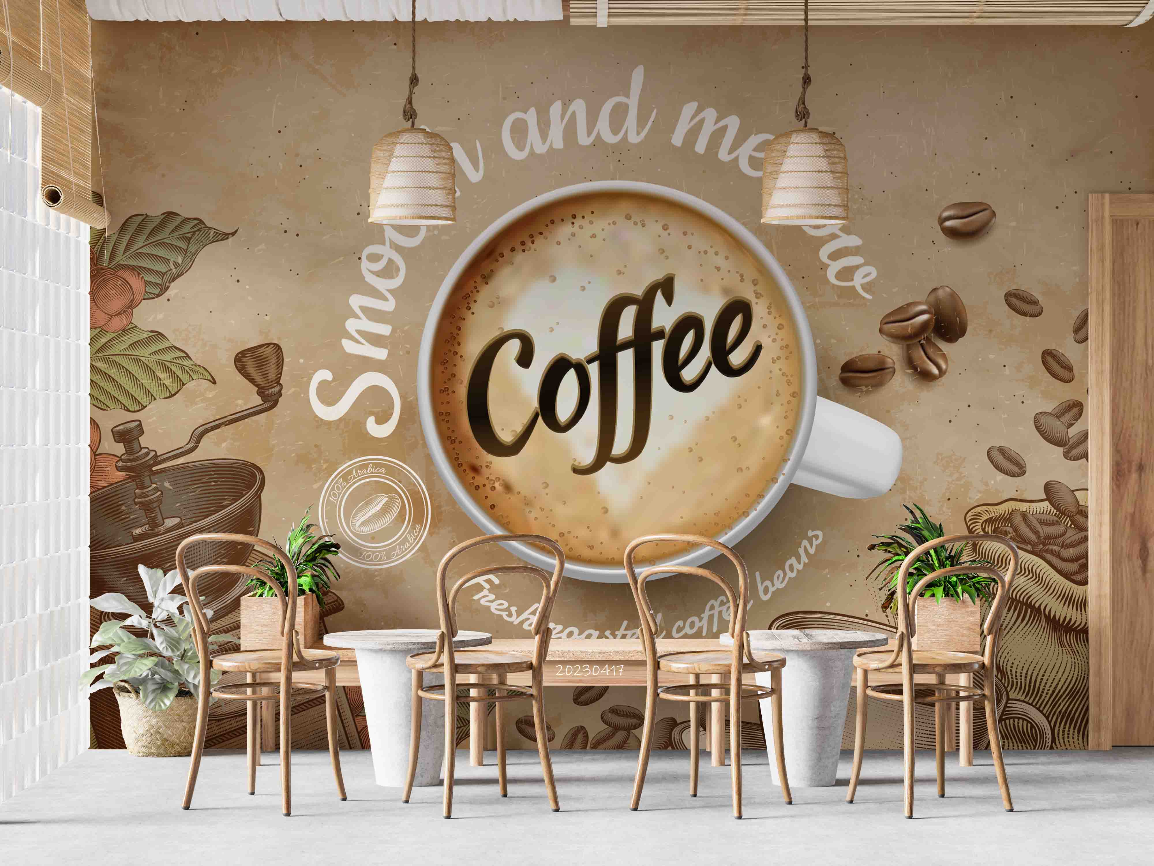3D Coffee Top View Cup Brown Tone Engraving Vintage Background Wall Mural Wallpaper GD 5538- Jess Art Decoration