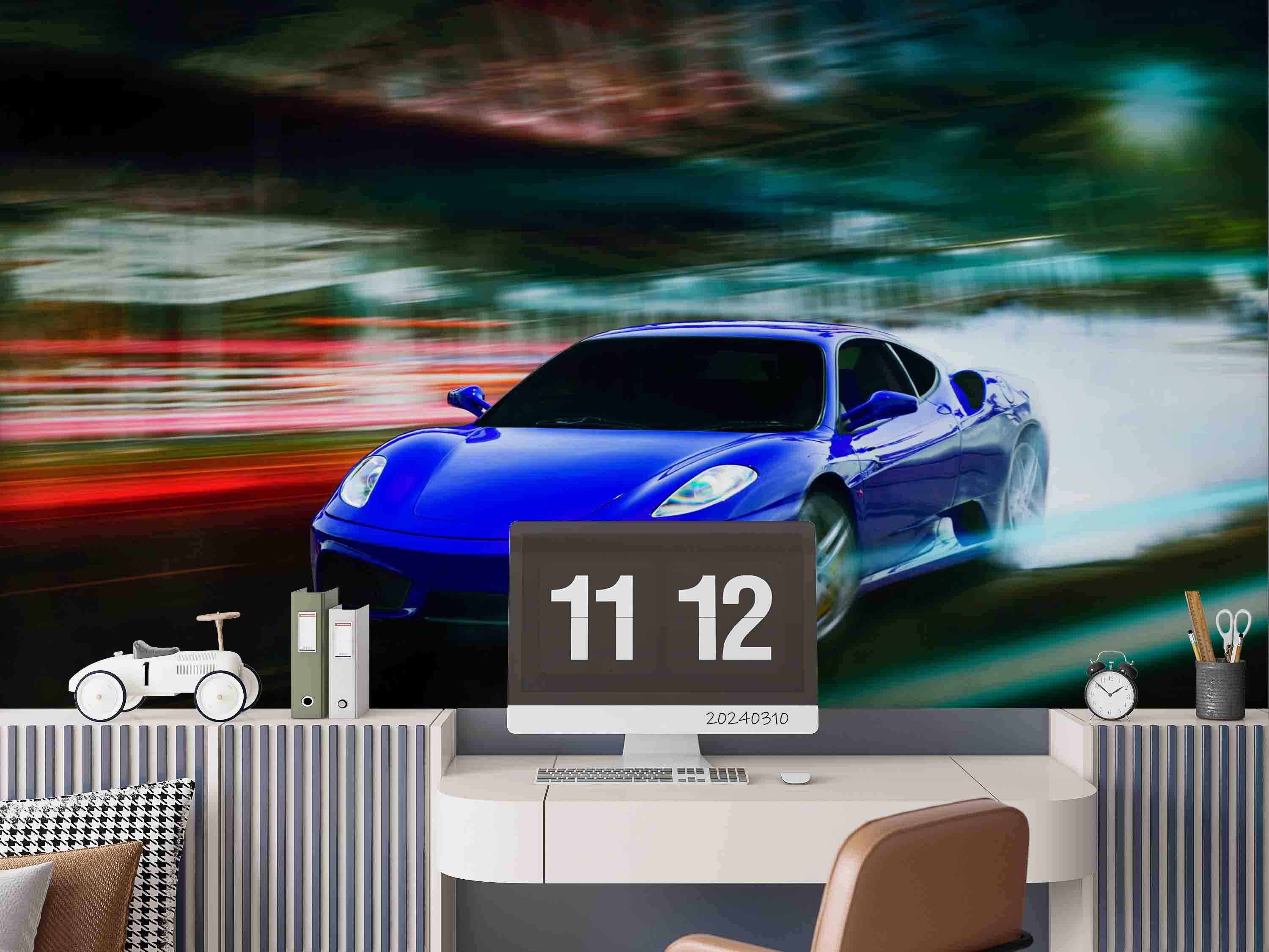 3D Blue Sports Car Wallpaper Wall Mural Wall Decor Wall Art Wall Sticker Remoable Wallpaper