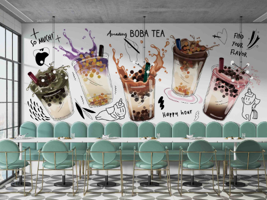 Milk Tea Red Beans Letter White Design 2 Wallpaper cafe & food wall mural for cafe, restaurant or shop interior